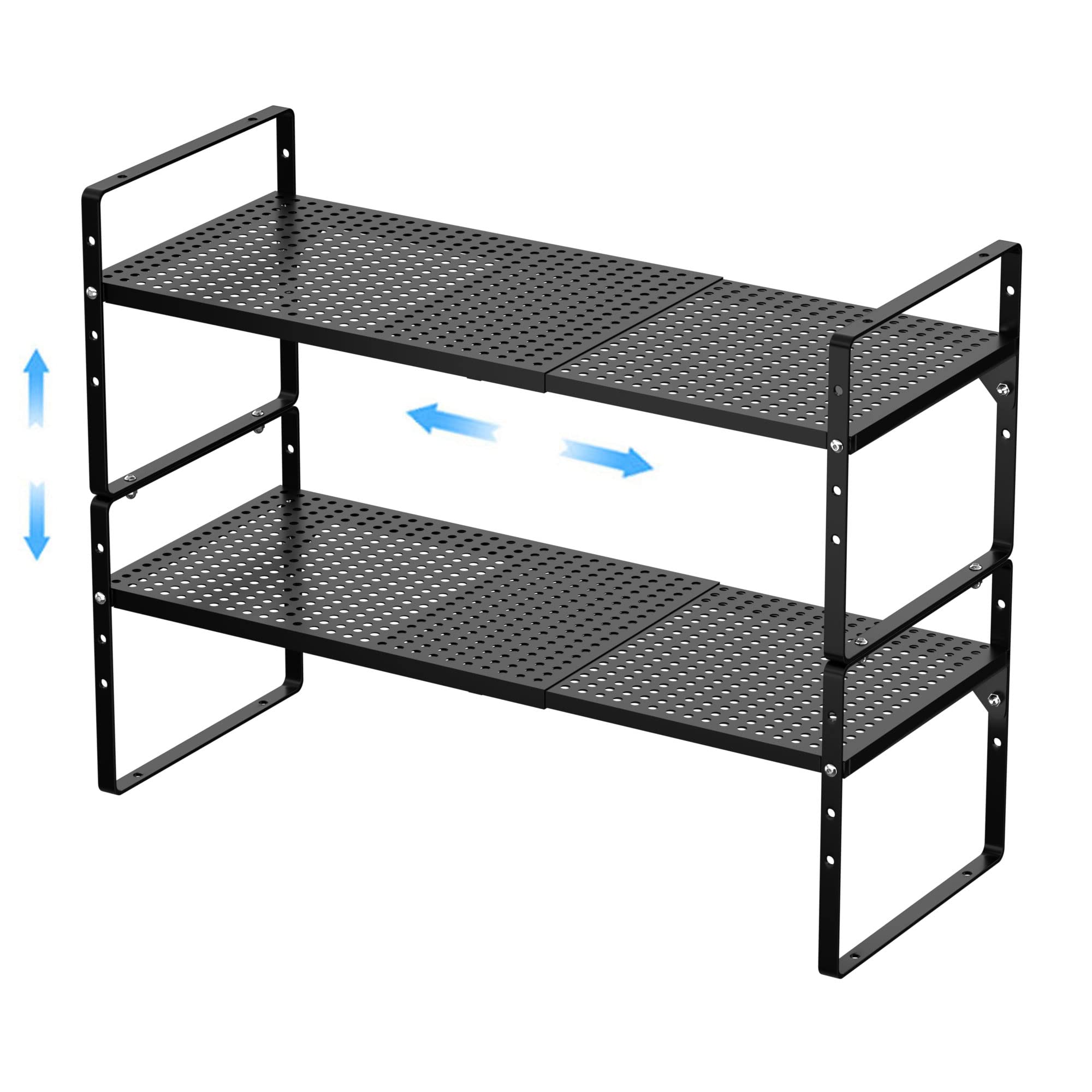 GEDLIRE Expandable Kitchen Cabinet Shelf Organizers 2 Pack, Stackable Metal Pantry Storage Shelves Rack, Adjustable Counter Shel