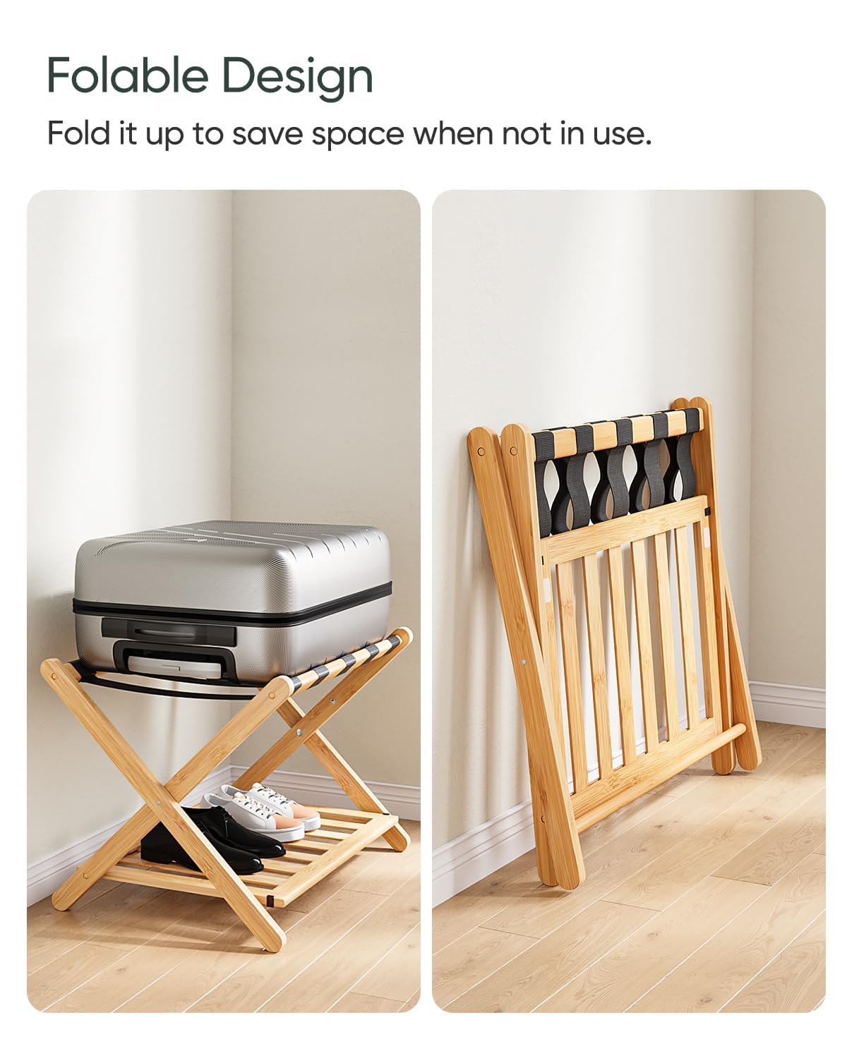 Smart Fendee Set Of 2 Fully Assembled Bamboo Luggage Rack, 5 Nylon Straps Folding Suitcase Stand With Storage Shelf, Luggae Stan