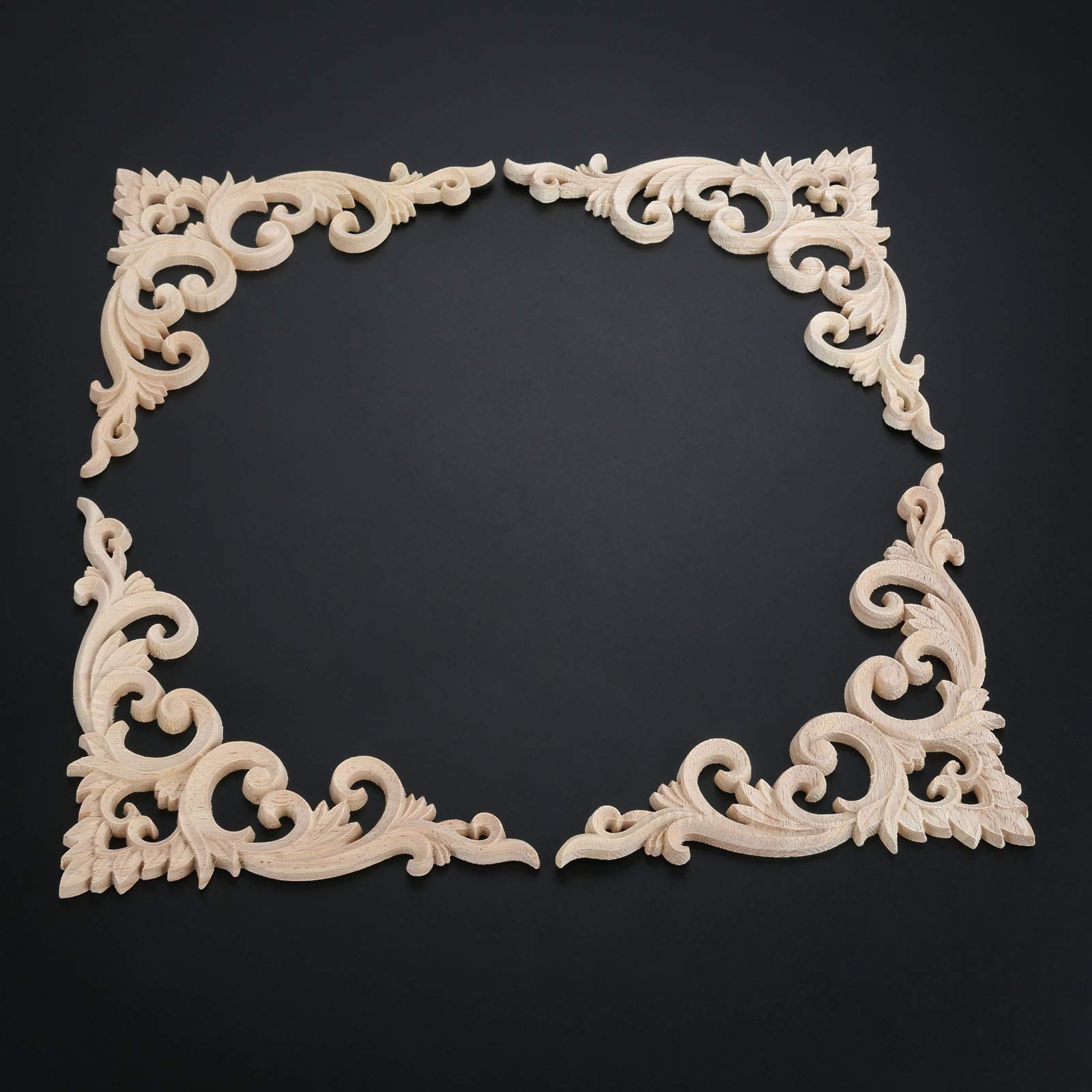 Muxsam 4Pcs Oak Furniture Applique Corner Onlay, 15X15Cm/5.91''X5.91'', Unpainted Hand-Carved Home Decals For Bed Door Wall Cabi
