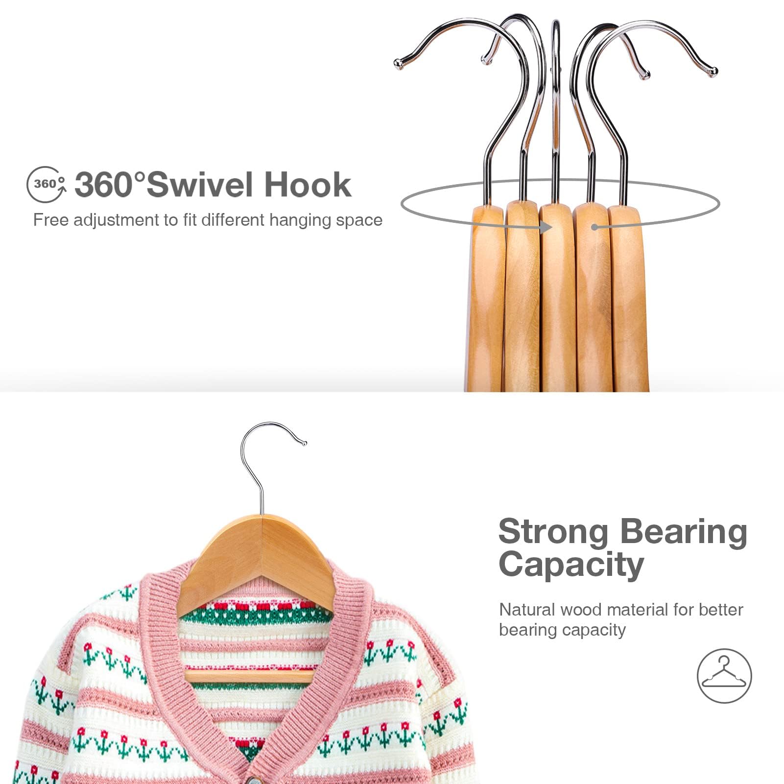 House Day Wooden Baby Hangers For Closet 20 Pack, Kids Wooden Hangers Baby Clothes Hangers, 360 Swivel Hook Heavy Duty Toddler H
