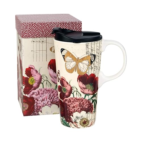 Topadorn 17 Oz Ceramic Mug Travel Cup With Handle And Gift Box Red Flower And Butterfly