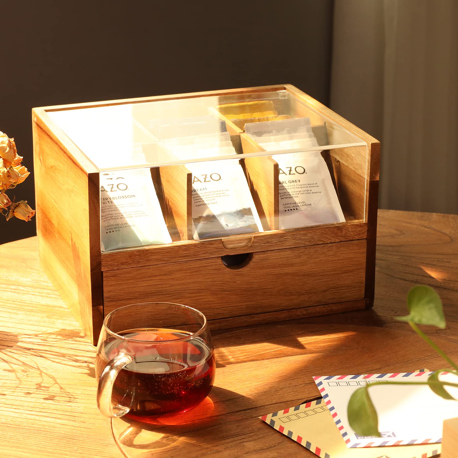Large Tea Organizer 2 Tier With Drawer By Htb, Tea Bag Organizer With Acrylic Transparent Hinged Lid, 9 Compartments Wooden Tea