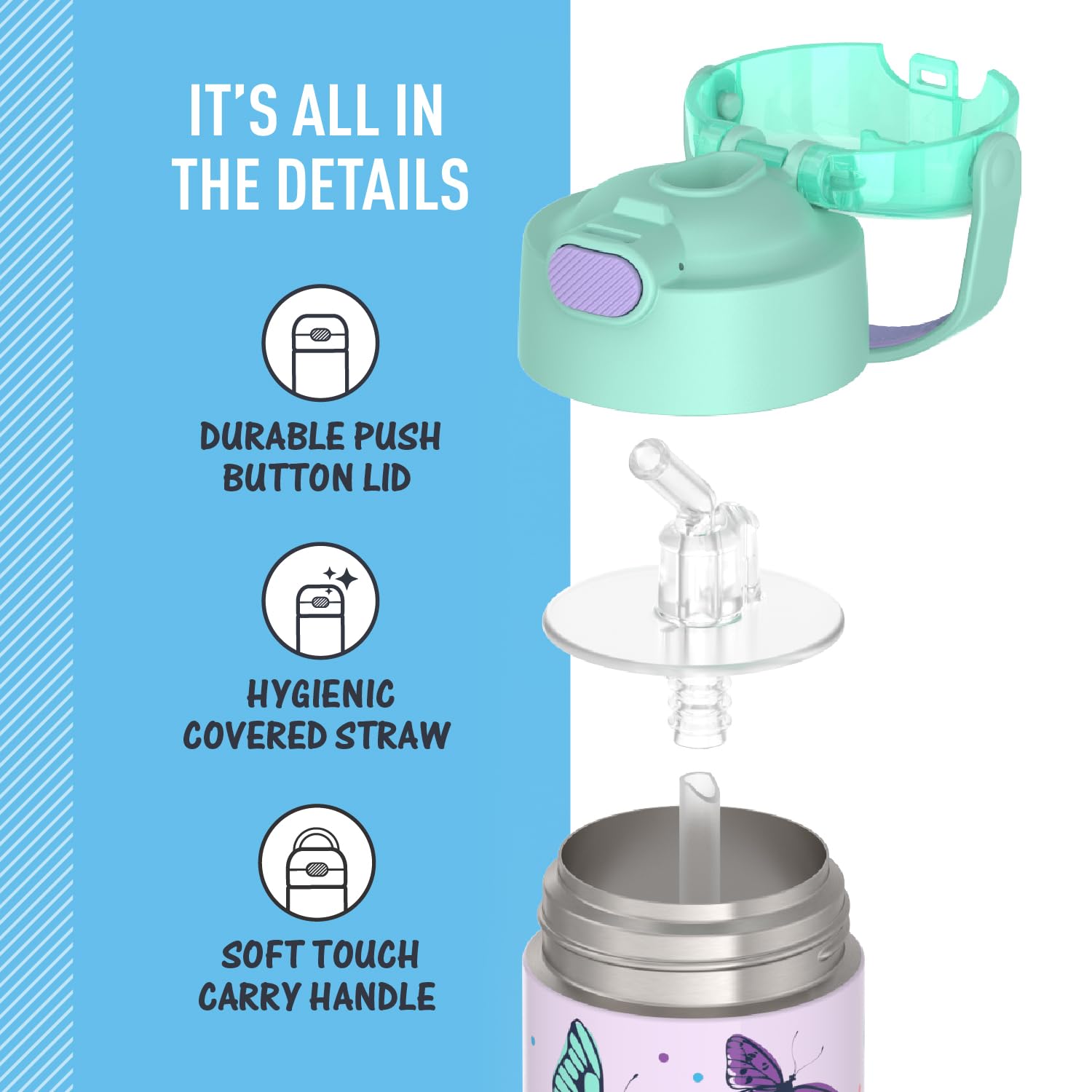 Thermos Funtainer Water Bottle With Straw - 12 Ounce, Butterfly Frenzy - Kids Stainless Steel Vacuum Insulated Water Bottle With