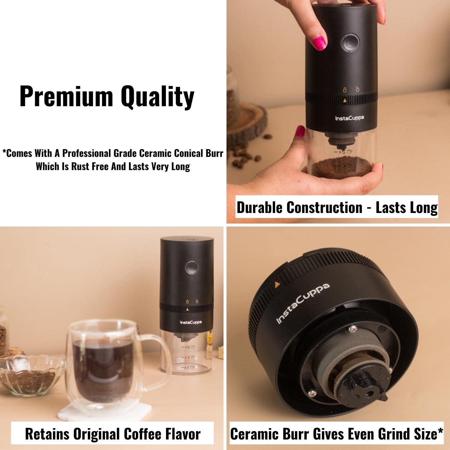 Instacuppa Rechargeable Coffee Bean Grinder With Ceramic Conical Burr Mill, One Click Operation, 5 Adjustable Grind Settings, Ai