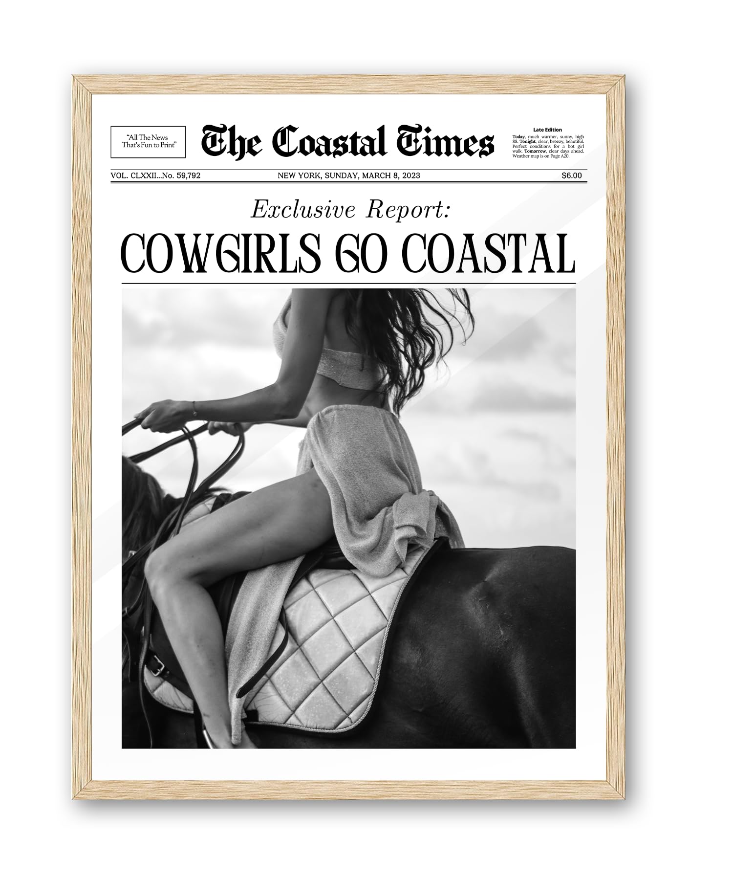 Ihery Cowgirls Go Coastal Small Framed Newspaper Canvas Wall Art,Natural Oak Wood 8X10In Wall Decor For Bedroom, Trendy Western