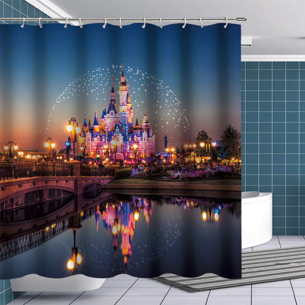 Fuortia Disney Castle Shower Curtain Fairyland For Kids Bathroom Polyester Waterproof Bathroom Curtain With Hooks For Bathroom S