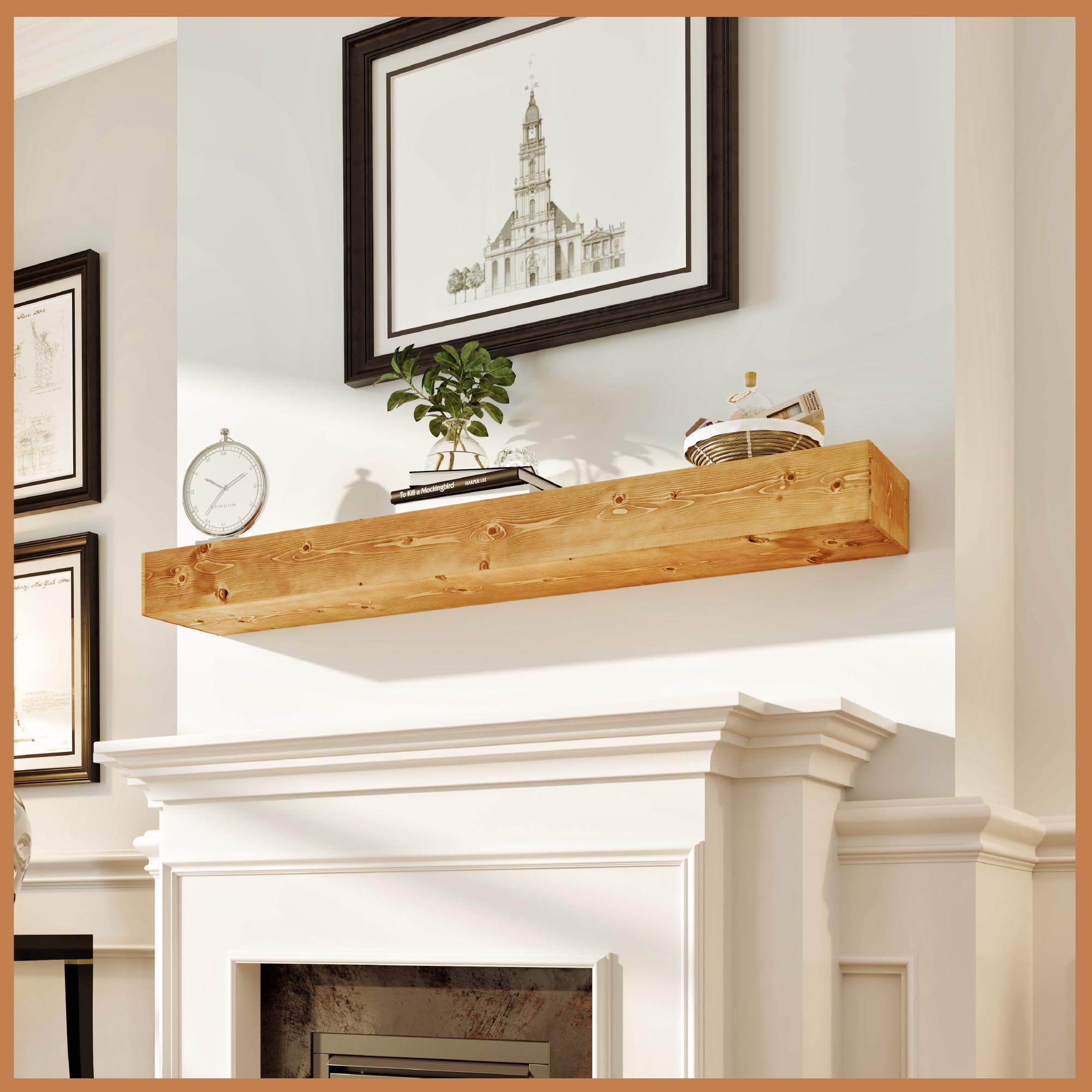 Avana Fireplace Mantle - Natural Fireplace Mantles Wood - Mounted Mantles For Over Fireplace - Handcrafted Fireplace Wood Mantel