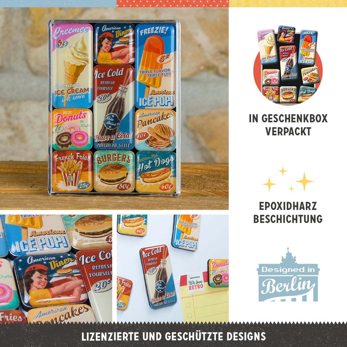 Nostalgic-Art Retro-Style Fridge Magnets, American Diner - Gift Idea For Usa & Diner Fans, Magnet Set For Notice Board, Vintage