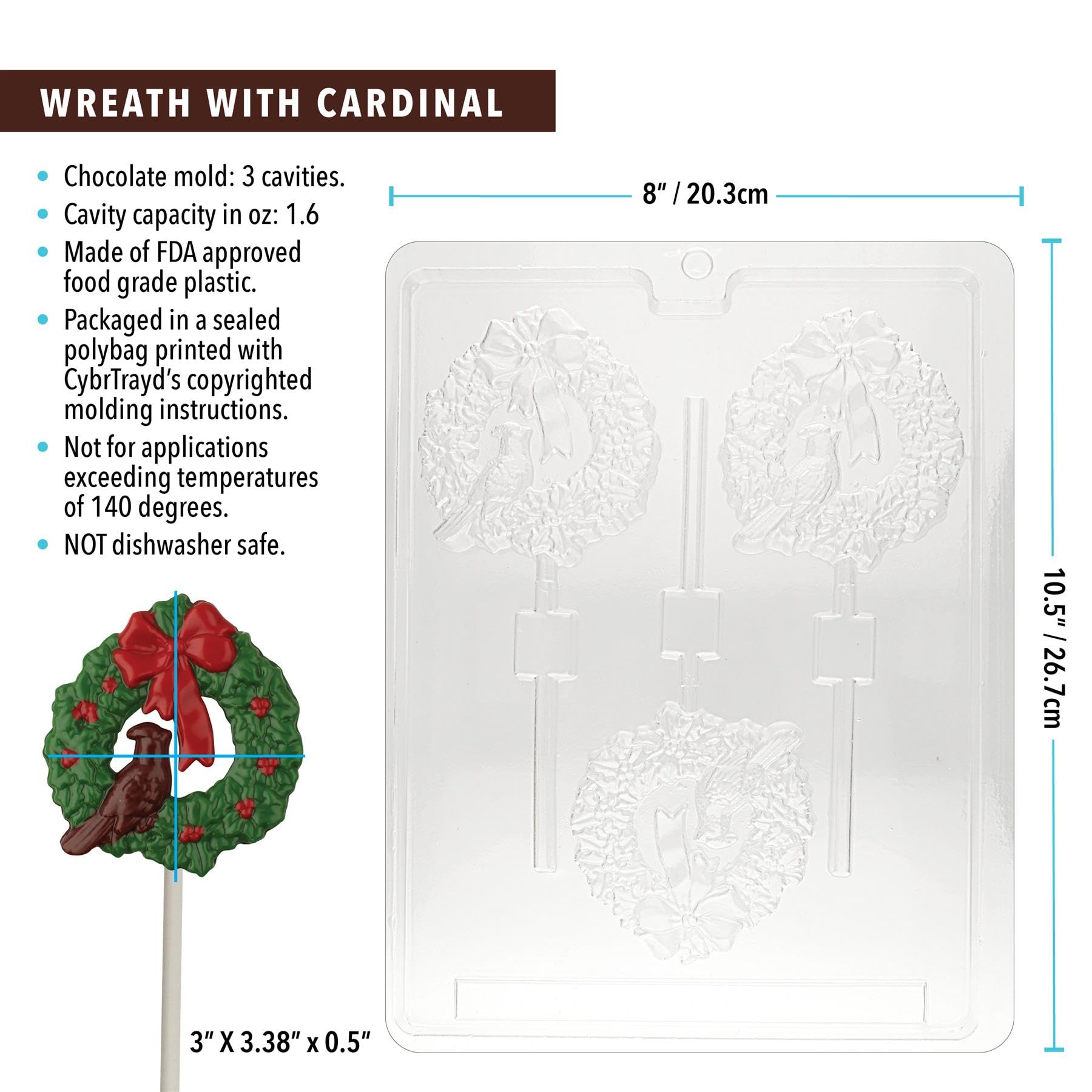 Wreath With Cardinal Christmas Chocolate Mold W/Lollipop Supply Kit (50 Lollipop Sticks, 50 Cello Bags, 25 Red & 25 Green Twist