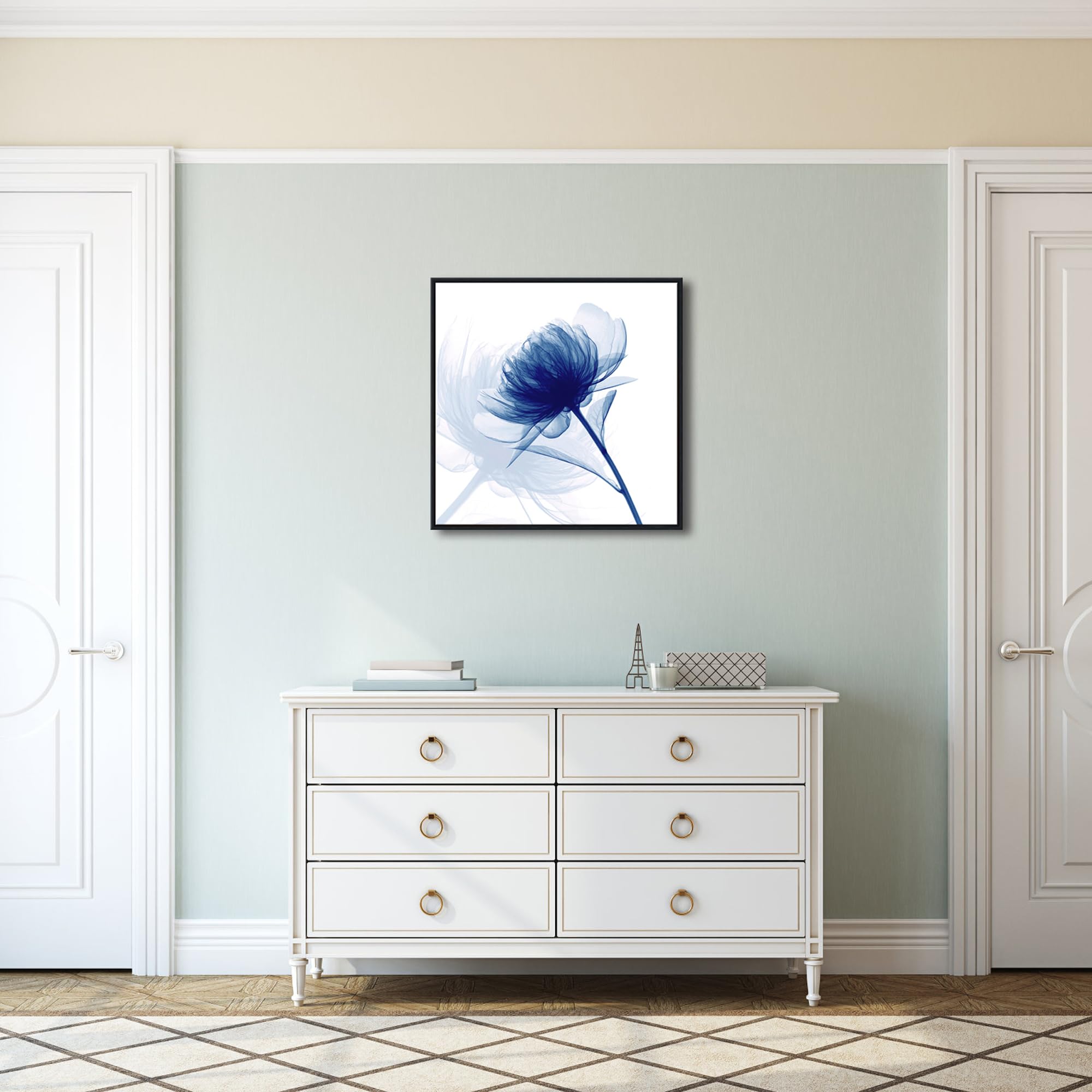 Pyradecor Large Black Framed Blue Flickering Flower Modern Paintings Canvas Wall Art Grace Floral Pictures On Canvas Prints One