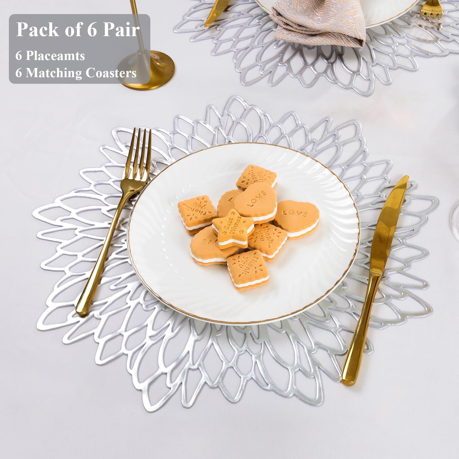 U'Artlines 6 Pair Silver Floral Hollow Out Placemats With Matching Coasters, Total 12 Pcs Metallic Laminated Vinyl Placemats Non