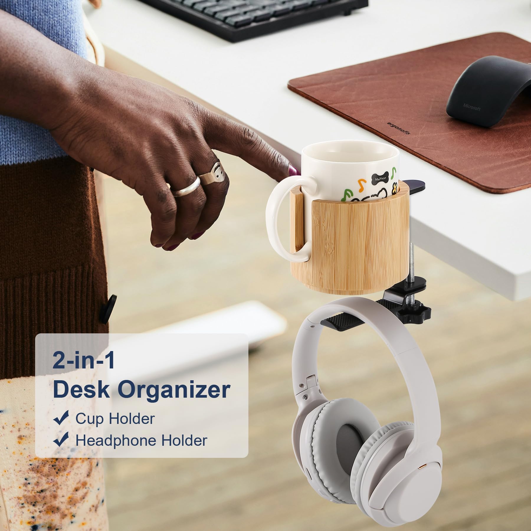 Nnewvante Desk Cup Holder, 2 In 1 360 Rotating Headphone Hanger Under Desk, 360 Anti-Spill Cup Holder, Table Cup Holder For Wate