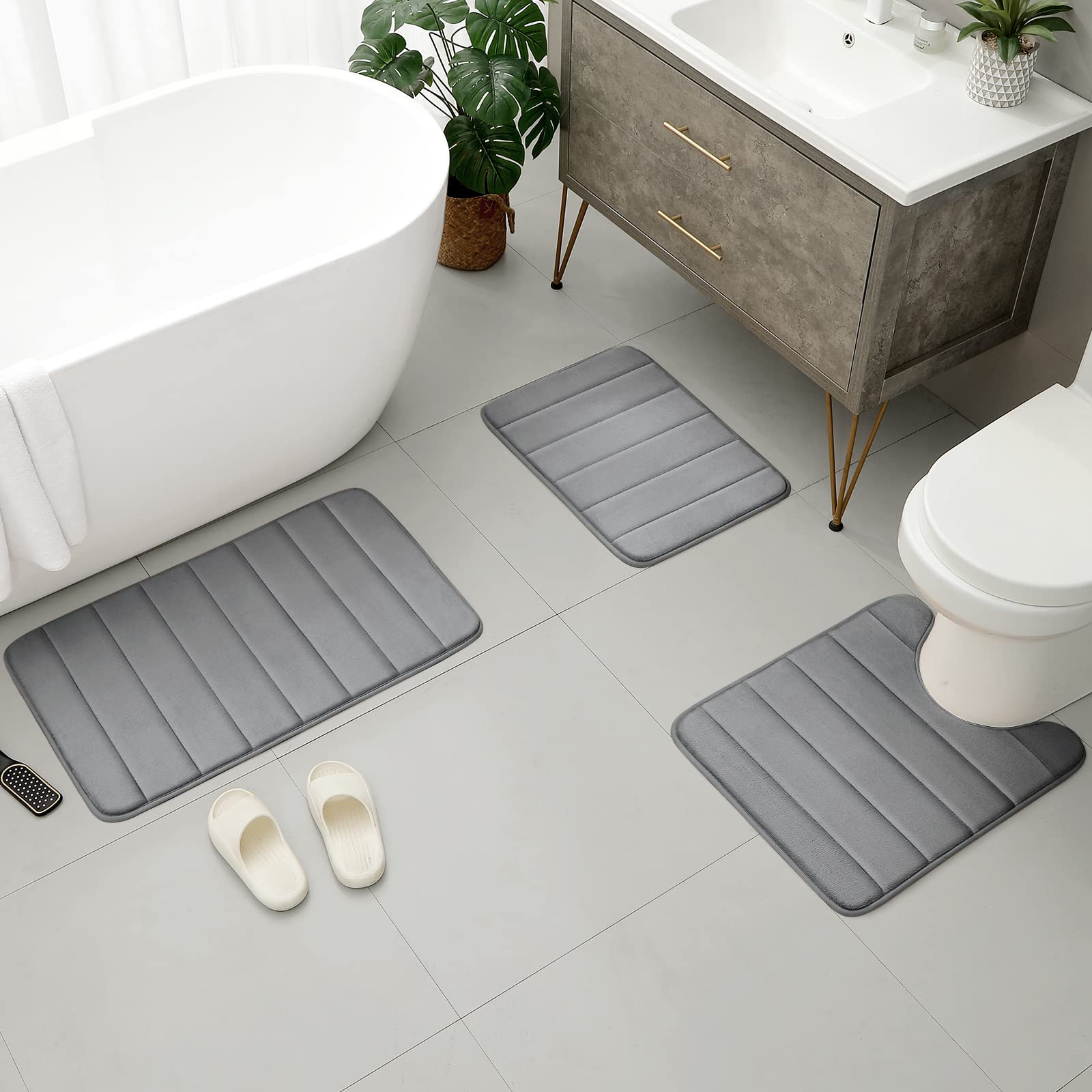 Bysure Grey Memory Foam Bathroom Rug Set 3 Piece, Non Slip Extra Soft Absorbent Bath Mats, Machine Washable & Dry Toilet Mat Set