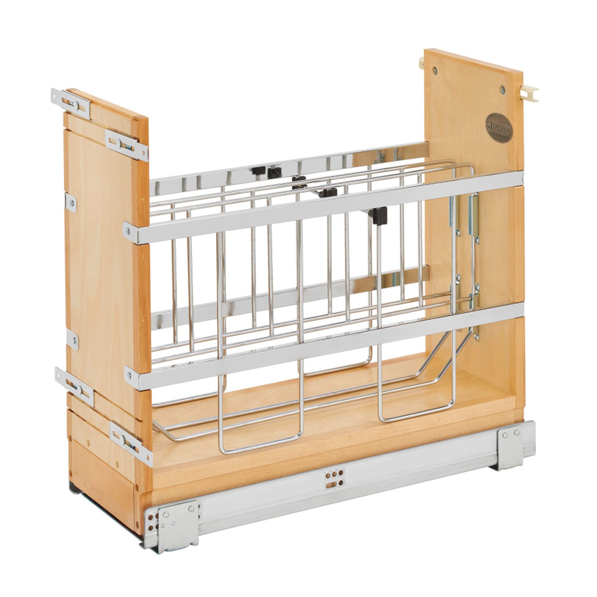 Rev-A-Shelf 8'' Pull Out Wooden Bakeware Organizer Shelf For Kitchen Cabinets, Pots And Pans Wire Storage Rack W/ Soft-Close Sli