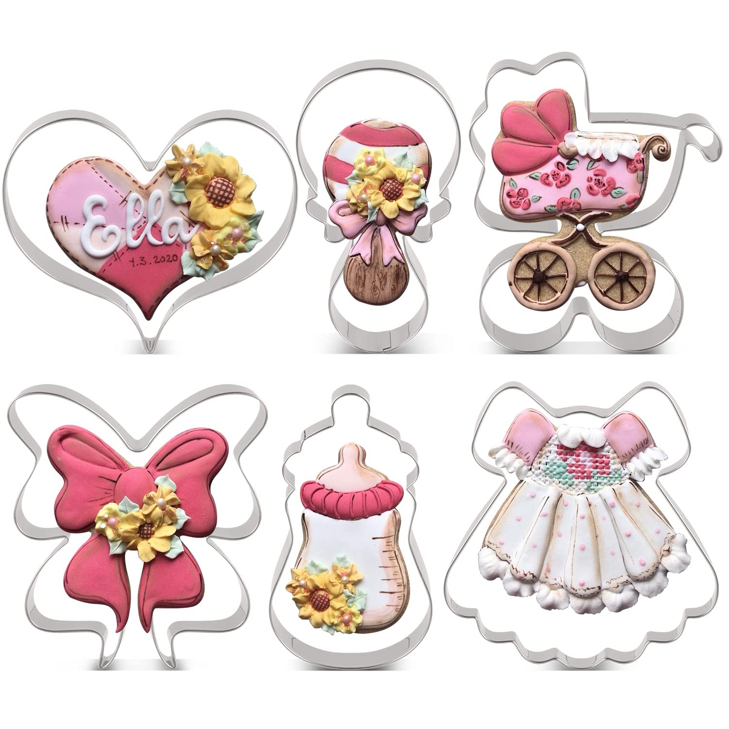 Liliao Baby Shower Cookie Cutter Set - 6 Piece - Feeding Bottle, Rattle, Heart, Carriage, Princess Dress And Bow/Ribbon Biscuit