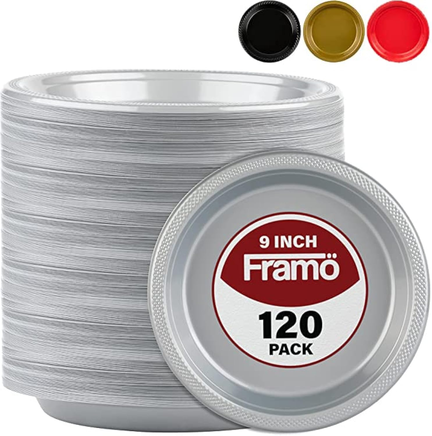 Framo Disposable Plastic Plates  Pack of 120-9-Inch Round Plastic Plates (SILVER  9-INCH 120 PACK)