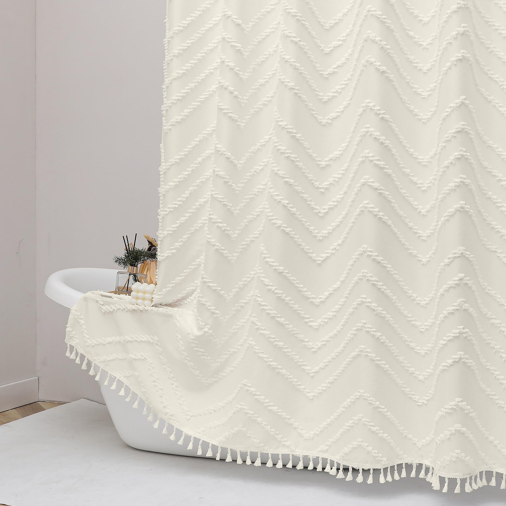 Owenie Extra Long Beige Boho Shower Curtain, Chic Tufted Chevron Striped Textured Cloth Fabric Shower Curtains With Tassel For B