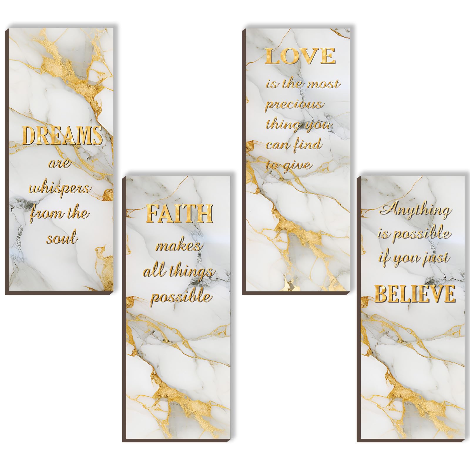 ONIZHITY 4 Pcs White and Gold Bathroom Decor Gold Wall Decor with Dreams Faith Love Believe Wooden Rustic Marble Style Versatile