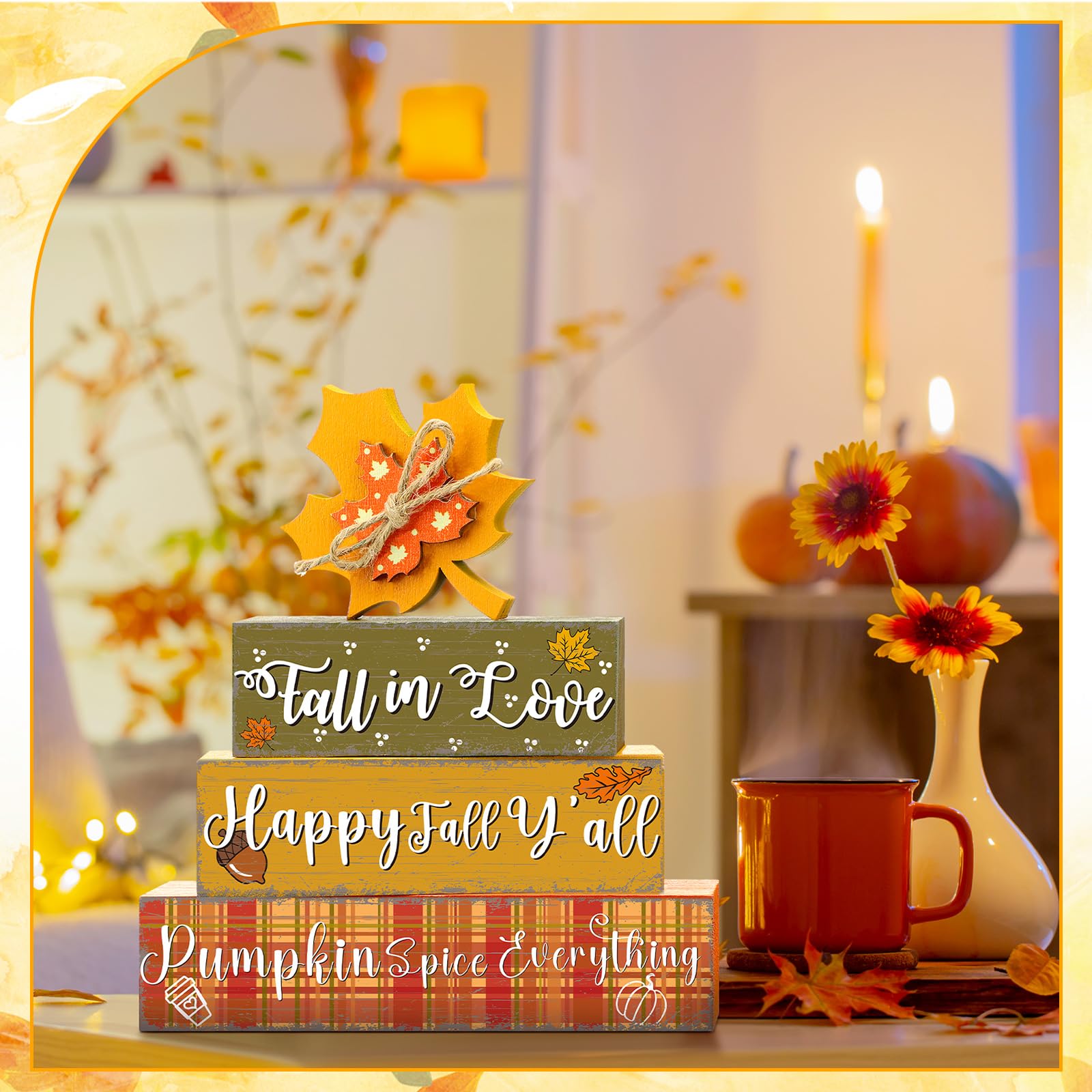 Geelin 4 Pcs Thanksgiving Decorations Fall Wooden Sign Maple Leaves Thanksgiving Pumpkin Table Centerpiece Tiered Tray Decor Fal