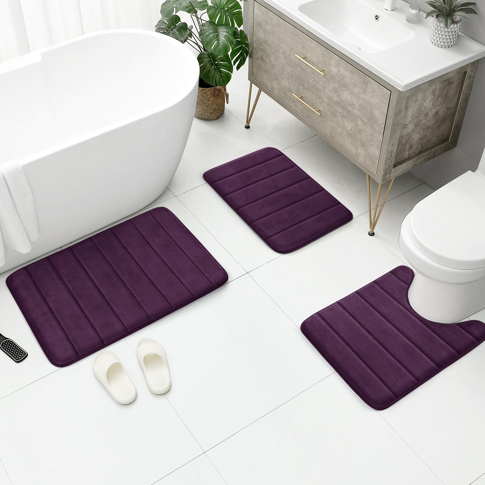 BYSURE Purple Memory Foam Bathroom Rug Set, Non-Slip, Soft, 3-Piece (17"x24", 20"x32", U-Shape 20"x24") - Machine Wash
