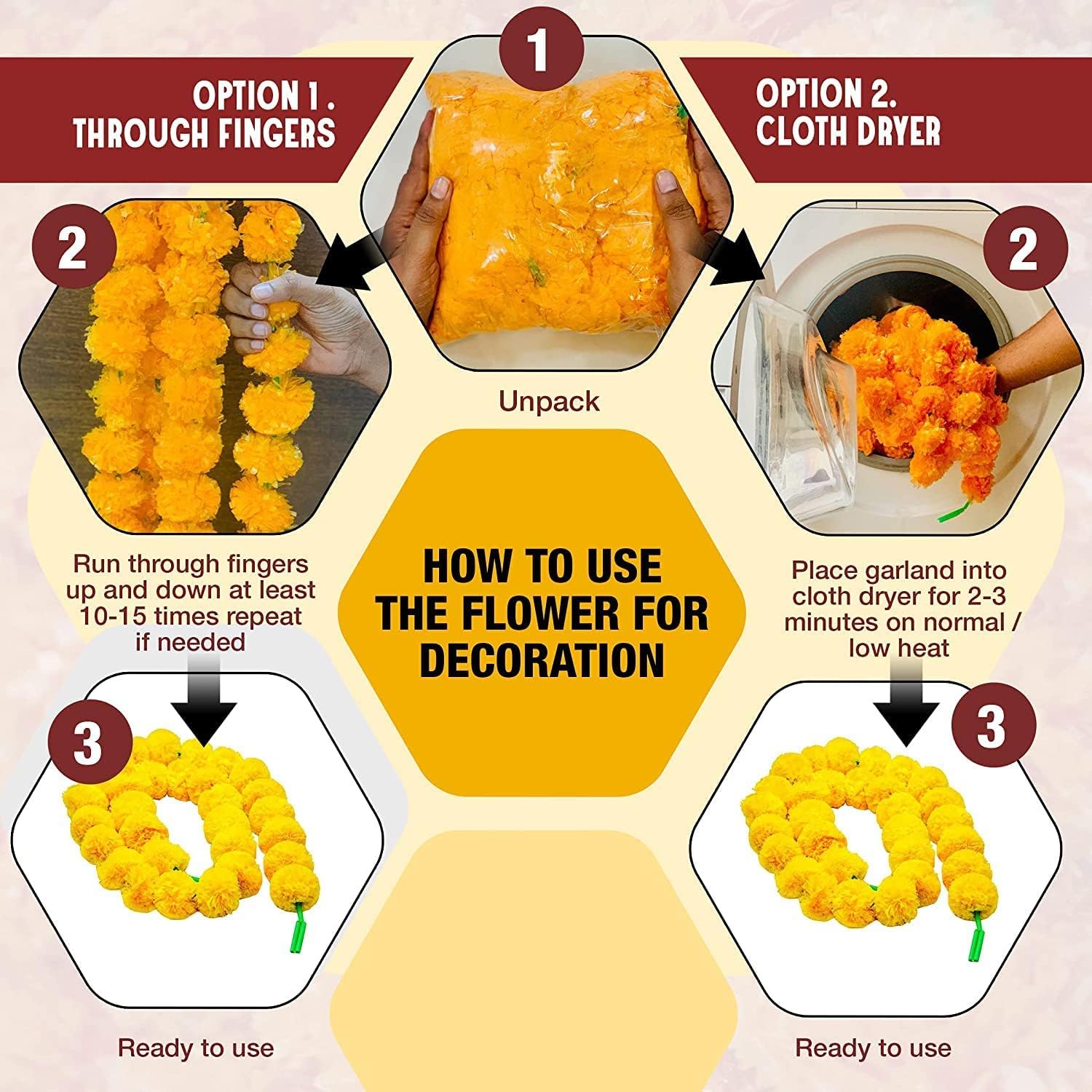 DRYPHON Artificial Flowers for Decoration, Marigold Flowers Garlands for Home Decor, Diwali Pooja Items Room Decor Items Wedding