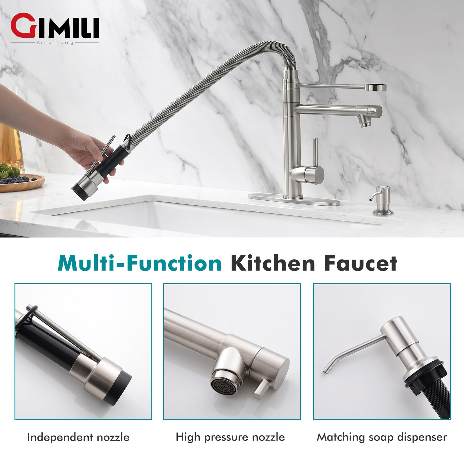 Gimili Kitchen Faucet With Soap Dispenser Commercial Kitchen Faucet With Pull Down Sprayer Double-Headed Single Handle Spring St