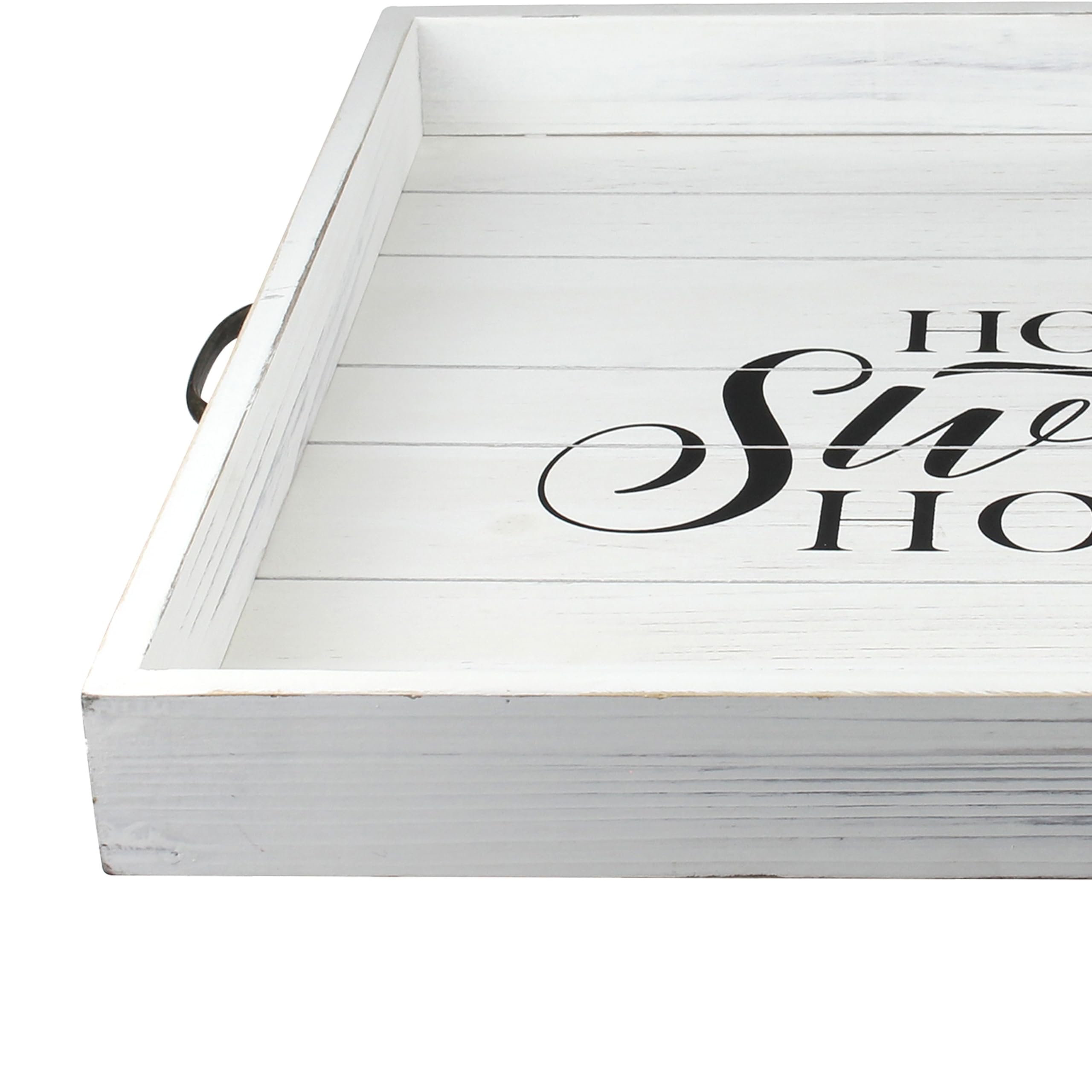 Stonebriar Square Worn White Home Sweet Home Decorative Wooden Tray With Metal Handles