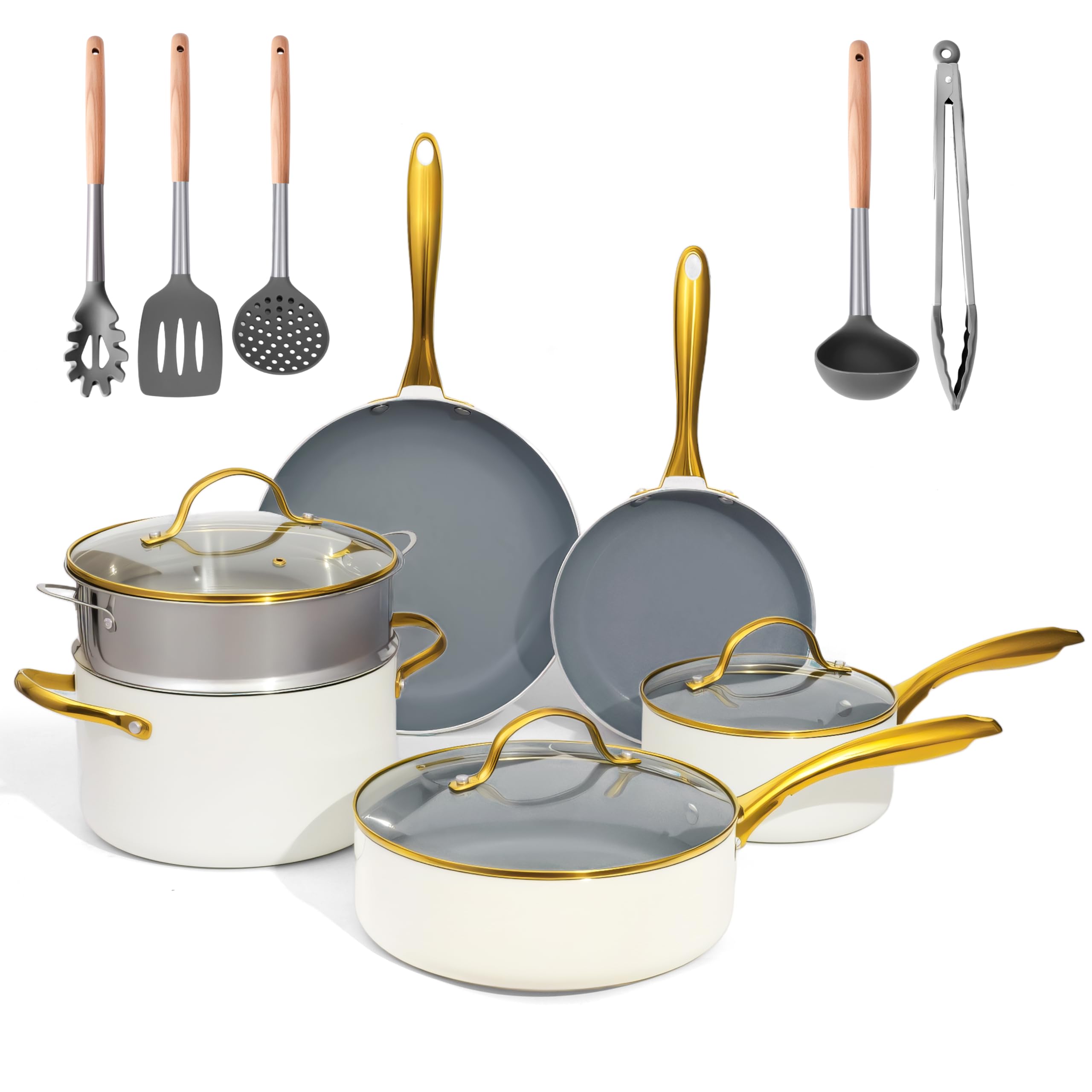 OUBRL ceramic cookware set,Healthy,Non Toxic,Pots and Pans Set non stick,14Pcs Kitchen induction cooking Sets, nonstick Pot and