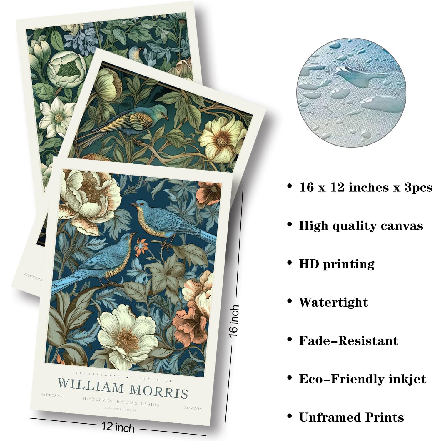Djmwtb William Morris Wall Art Vintage Poster Prints Set Of 3 Botanical Bird Aesthetic Pictures Gallery Artwork Canvas Painting