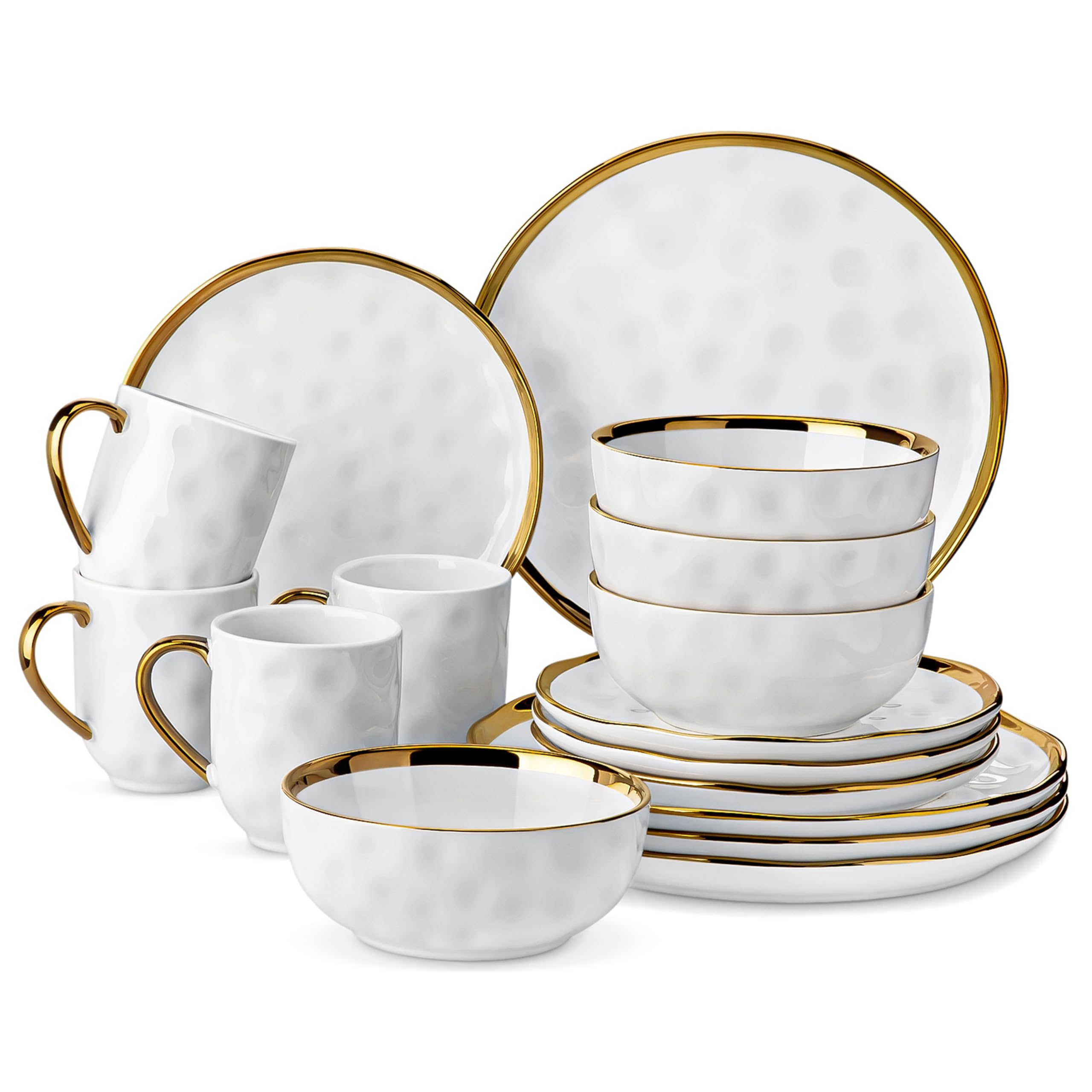 LOVECASA White and Gold Dinnerware Sets, Stoneware Dish Set for 4, 16 Piece Kitchen Plates and Bowls Sets, Handmade Dinner Set w