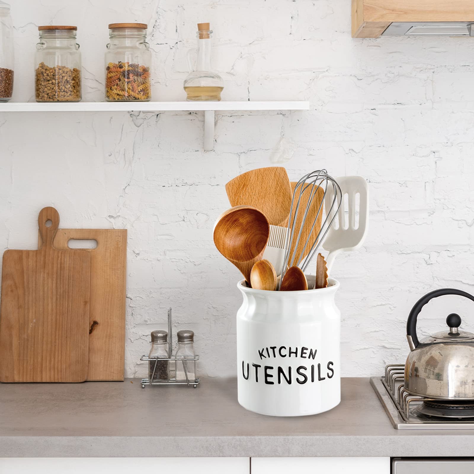 Karisky Utensil Holder, Ceramic Farmhouse Kitchen Utensil Holder For Kitchen Counter, 6.5'' Large Cooking Utensil Crock For Coun