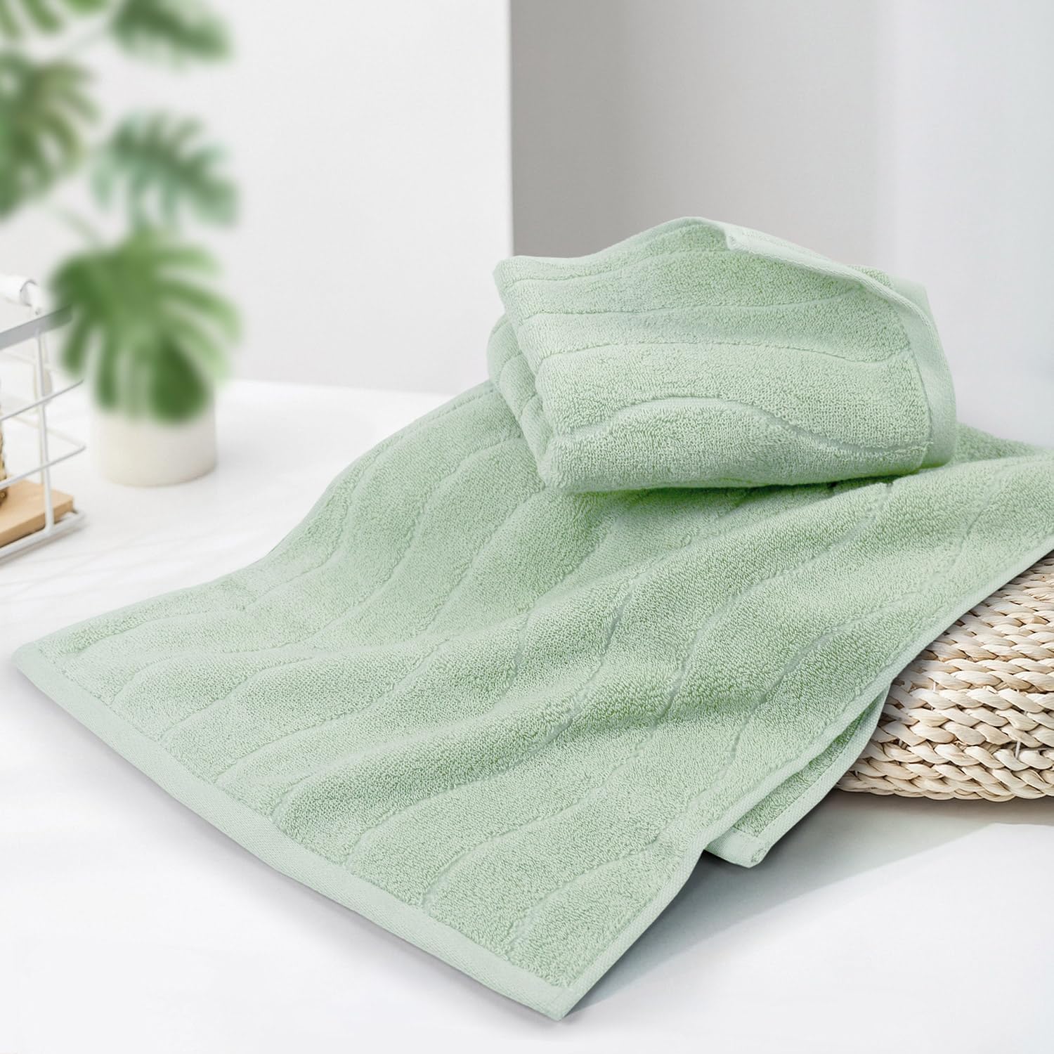 Hand Towels 2 Pack - Light Green Wavy Striped Hand Towels For Bathroom, 100% Natural Cotton Soft Absorbent Decorative Towels, 13