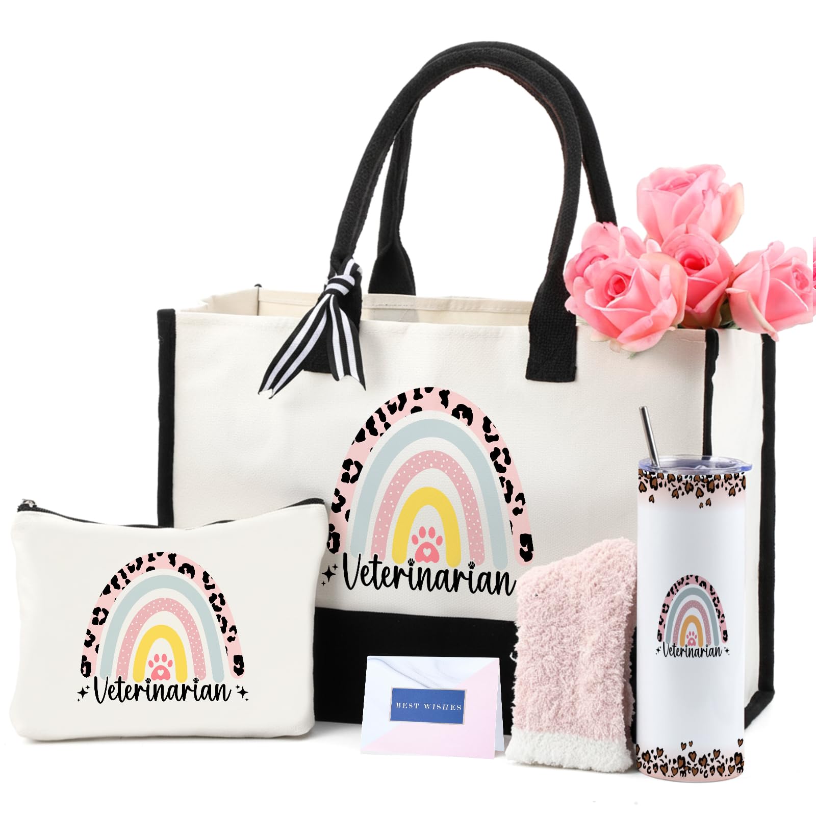 Geiserailie 8 Pcs Veterinarian Graduation Gifts for Women Including Large Tote Bag Cosmetic Bags Tumbler Cup Plush Socks Metal K