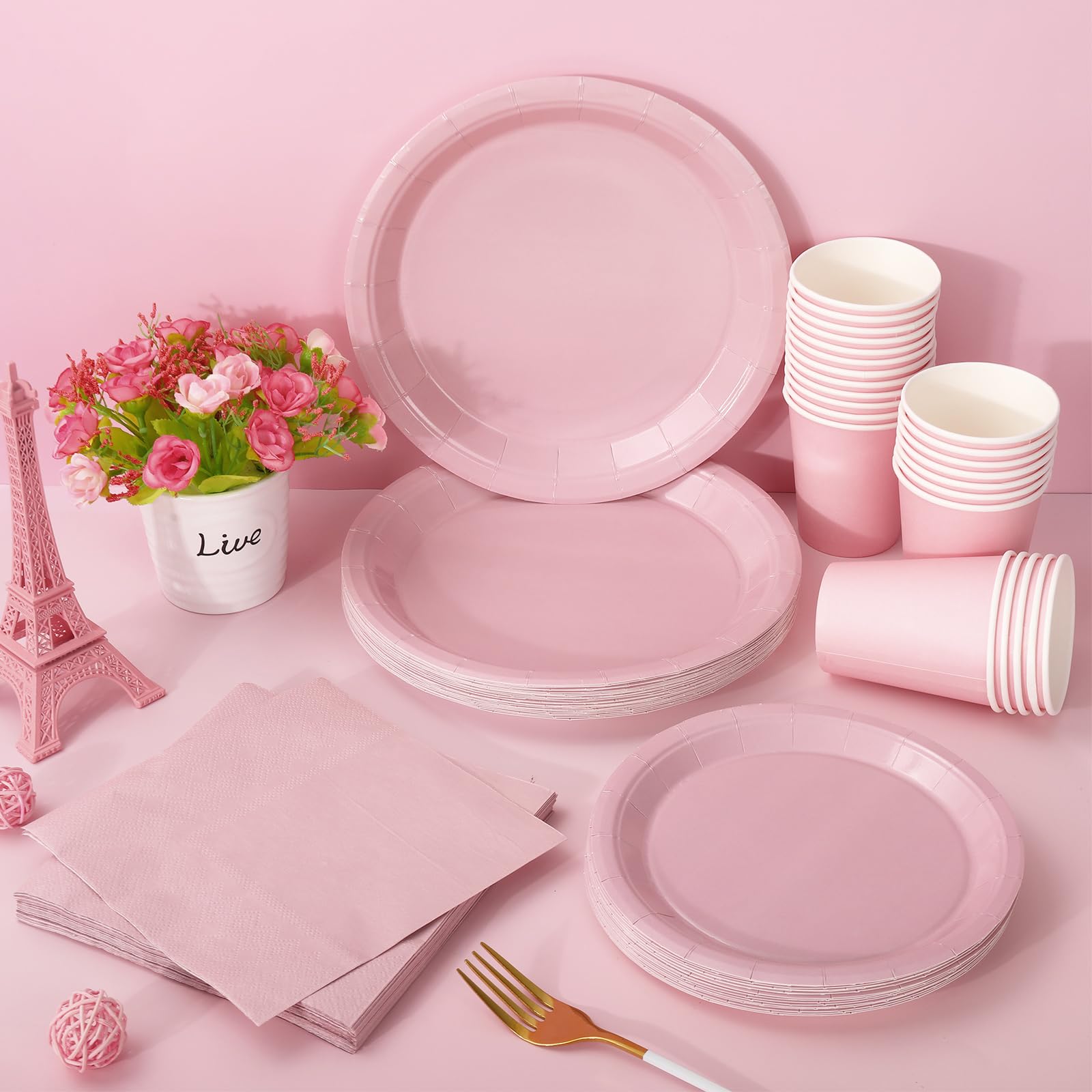 Whaline 100Pcs Valentine'S Day Dusty Pink Tableware Set Disposable Dinnerware Set 50Pcs Paper Plates 25Pcs Napkin 25Pcs Cups For