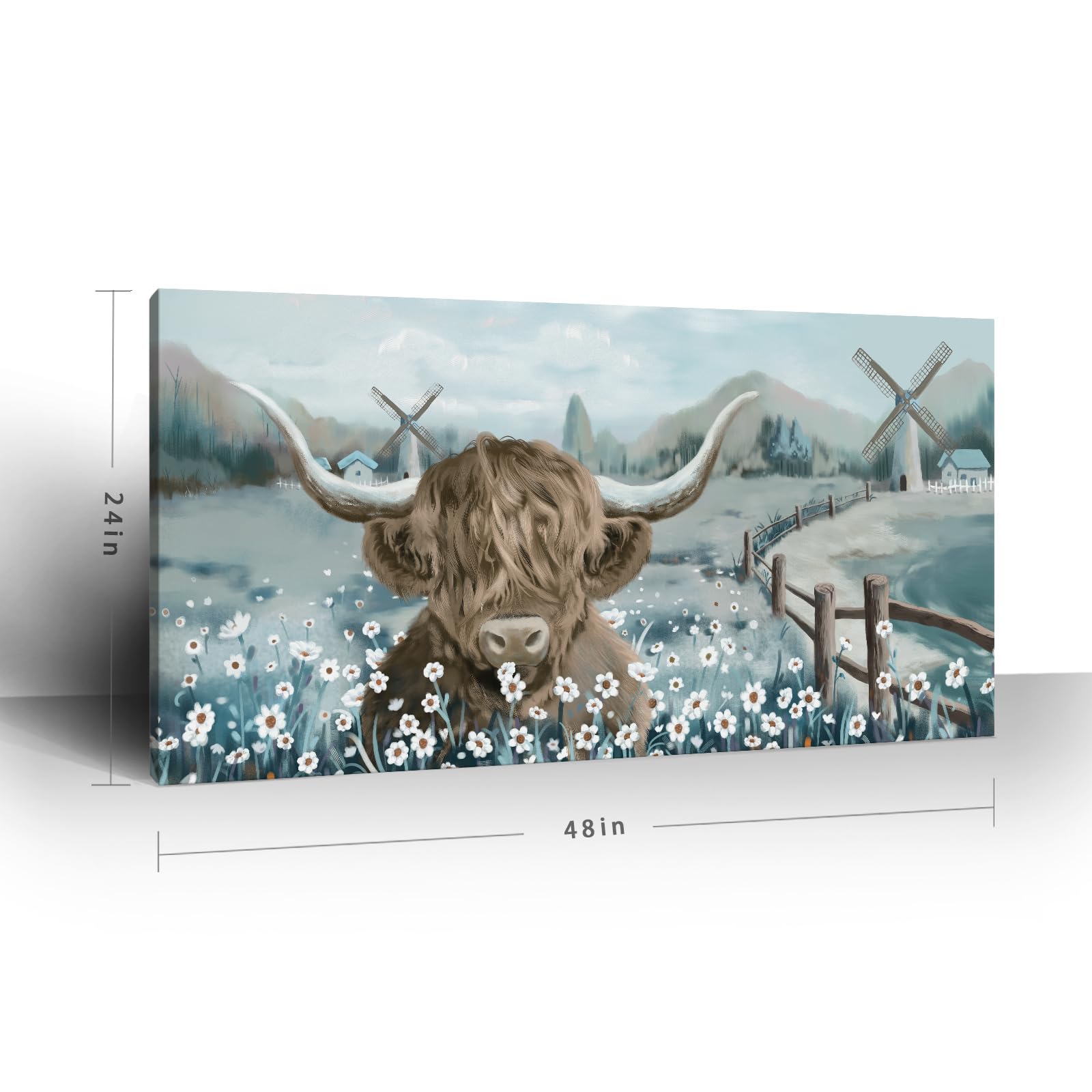 Large Highland Cow Wall Art For Living Room Animal Canvas Print Rustic Farmhouse Cow Picture Cattle In The White Daisy Flower Bu