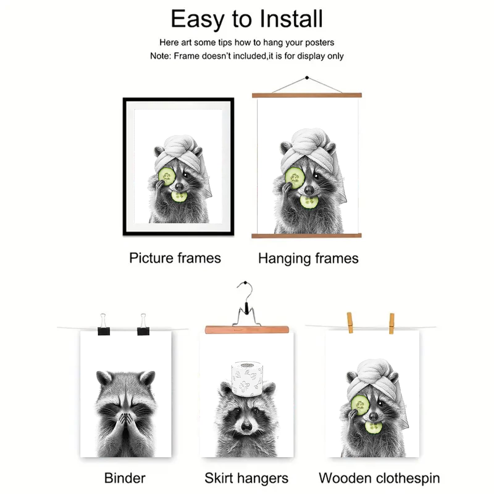 Twnslla Adorable Raccoon Bathroom Wall Art Set Of 3,Funny Bathroom Decor Wall Art,Bathroom Fuuny Raccoon Art Prints,Funny Bathro