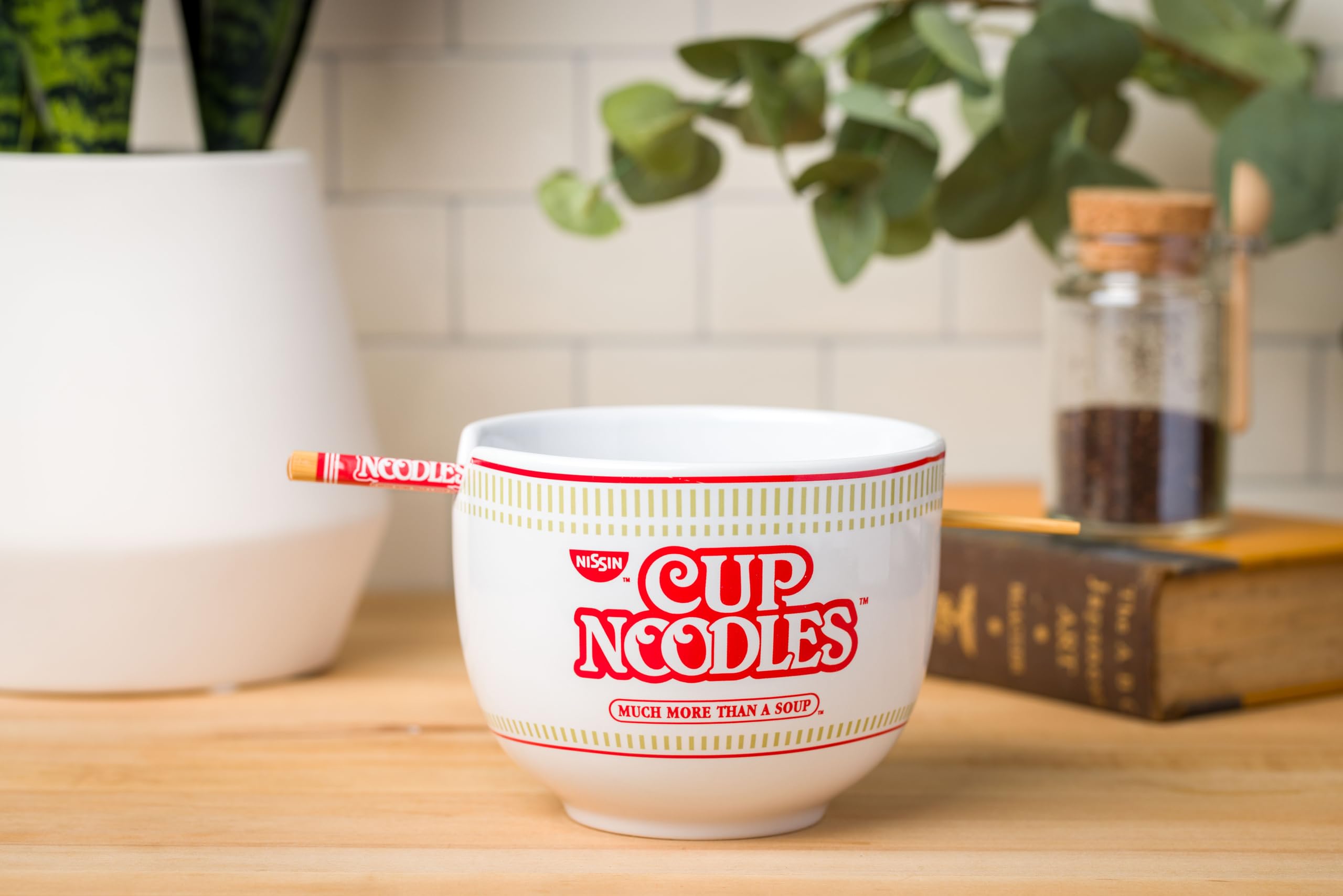Silver Buffalo Nissin Classic Cup Noodles Logo Much More Than A Soup Ceramic Ramen Noodle Rice Bowl With Chopsticks, Microwave S