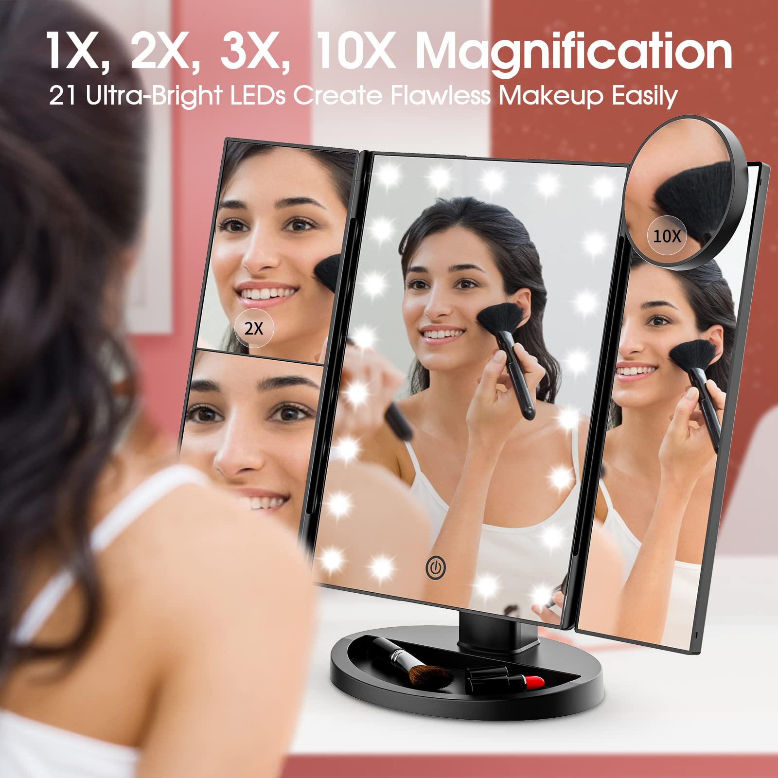 Eluosin Vanity Mirror With Lights, Lighted Makeup Mirror With 2X 3X 10X Magnification, 21 Led Trifold Compact Touch Dimming Ligh