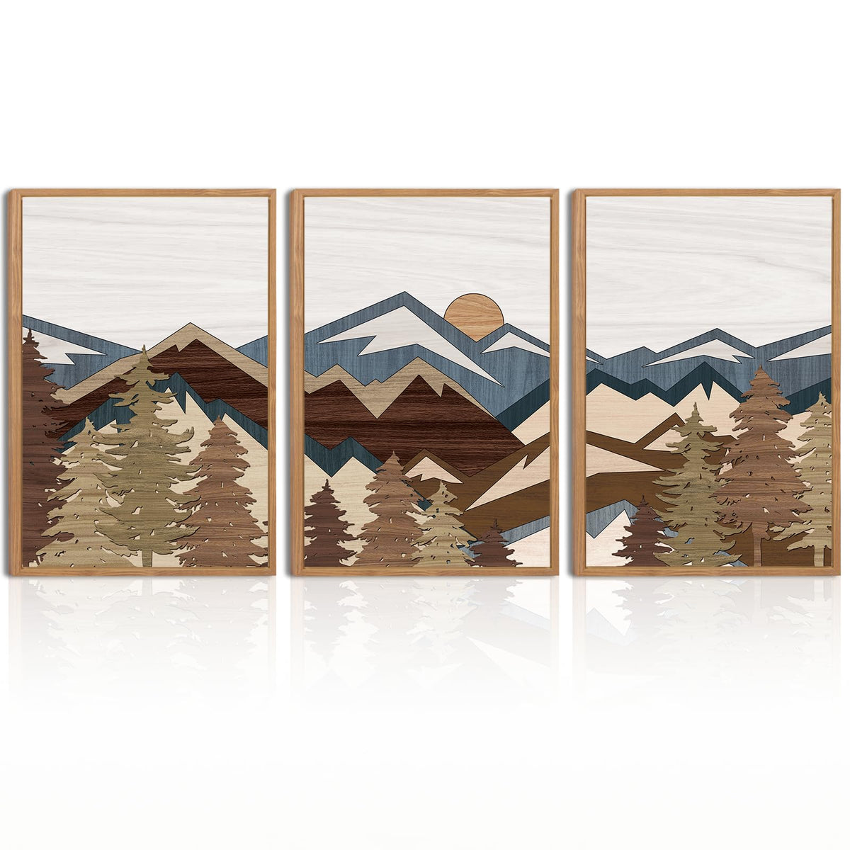 Bincue Large Boho Mountain Canvas Framed Wall Art Set Of 3 Forest Mountain Sun Wall Decor Boho Artwork For Living Room Bedroom O