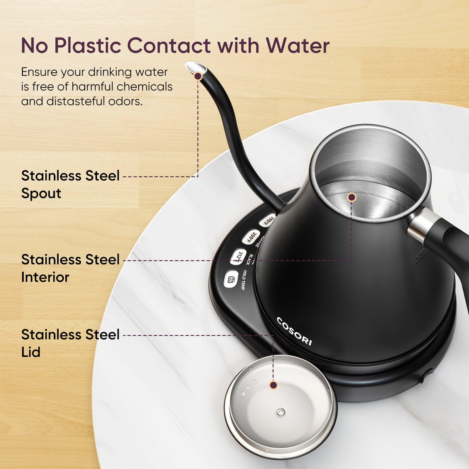 COSORI Electric Gooseneck Kettle with 5 Variable Presets  Pour Over Kettle & Coffee Kettle  100% Stainless Steel Inner Lid & Bottom  1200 Watt Quick Heating  0.8L  Matte Black