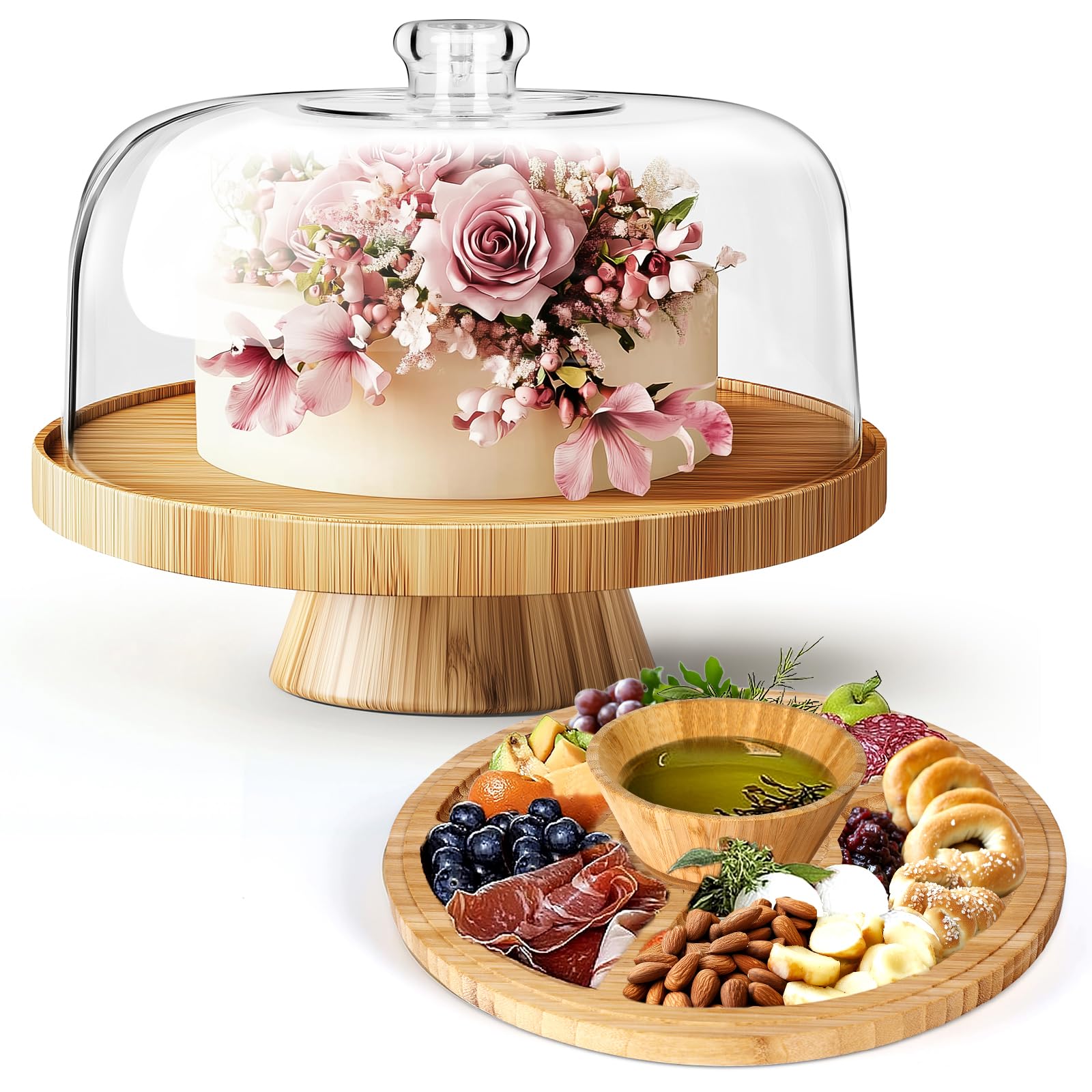 MASTERTOP Cake Stand with Dome Cover - 6 in 1 Wood Multi-Functional Serving Platter/Cake Plate/Salad Bowl/Nachos/Punch Bowl, Wed