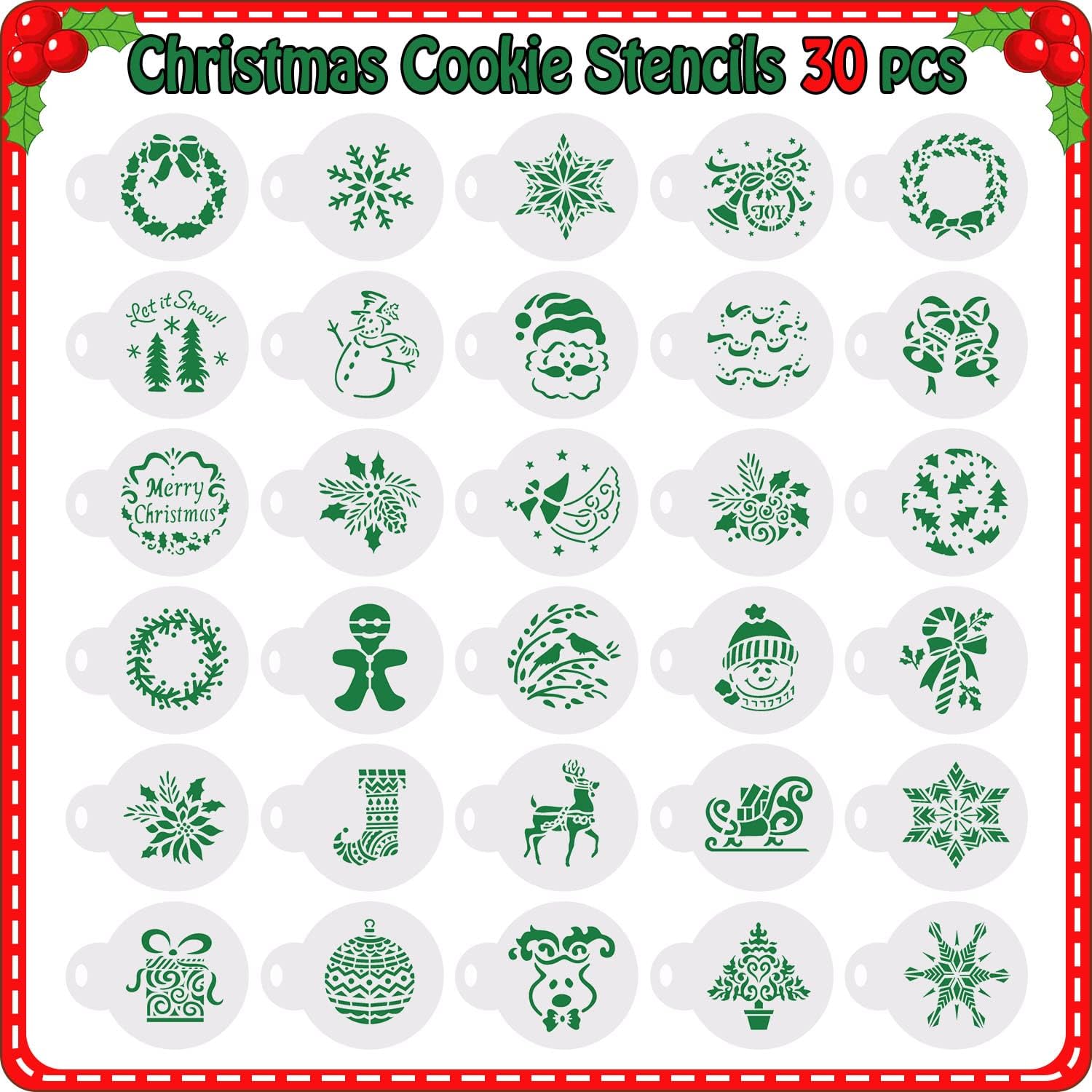 30Pcs Christmas Cookie Decorations, Christmas Cookie Stencils For Royal Icing, Christmas Cookie Decorating Kit Supplies Christma