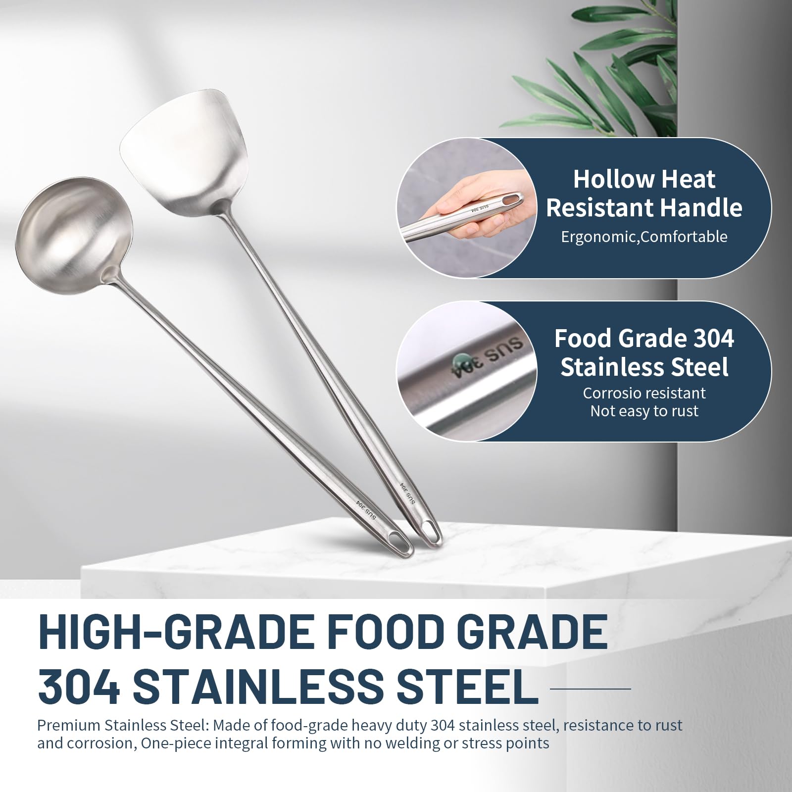 Wok Spatula And Ladle Tools Set,17 Long Handle 304 Stainless Steel Wok Spatula And Ladle Set For Wok Cooking,Heat Resistant Wok