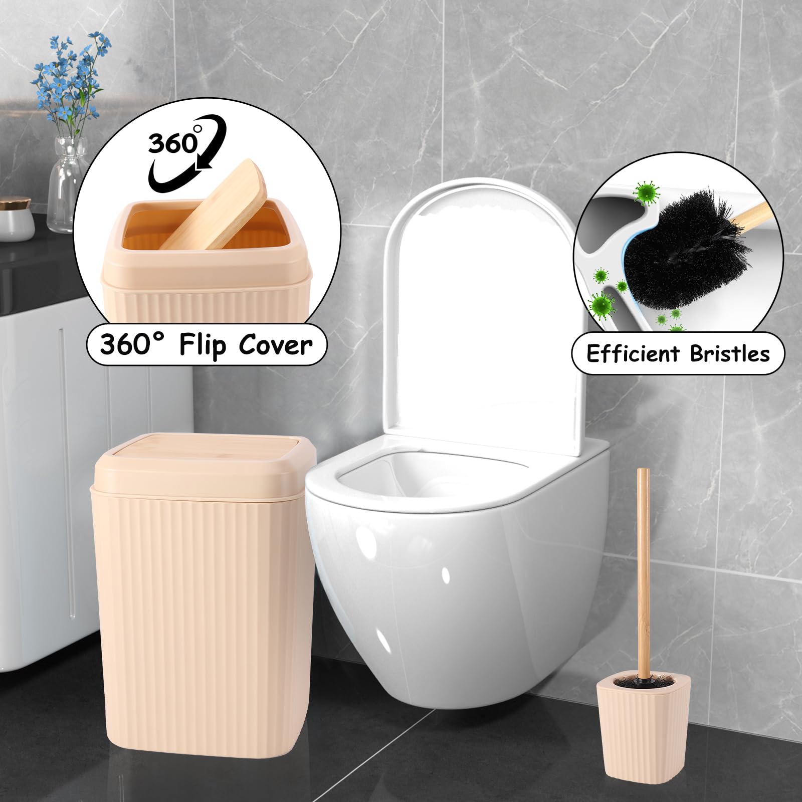 Complete Beige Bathroom Accessories Set 23Pcs - Waffle Shower Curtain With Snap-In Liner, 2Pcs Bath Rug, Trash Can, Toilet Brush