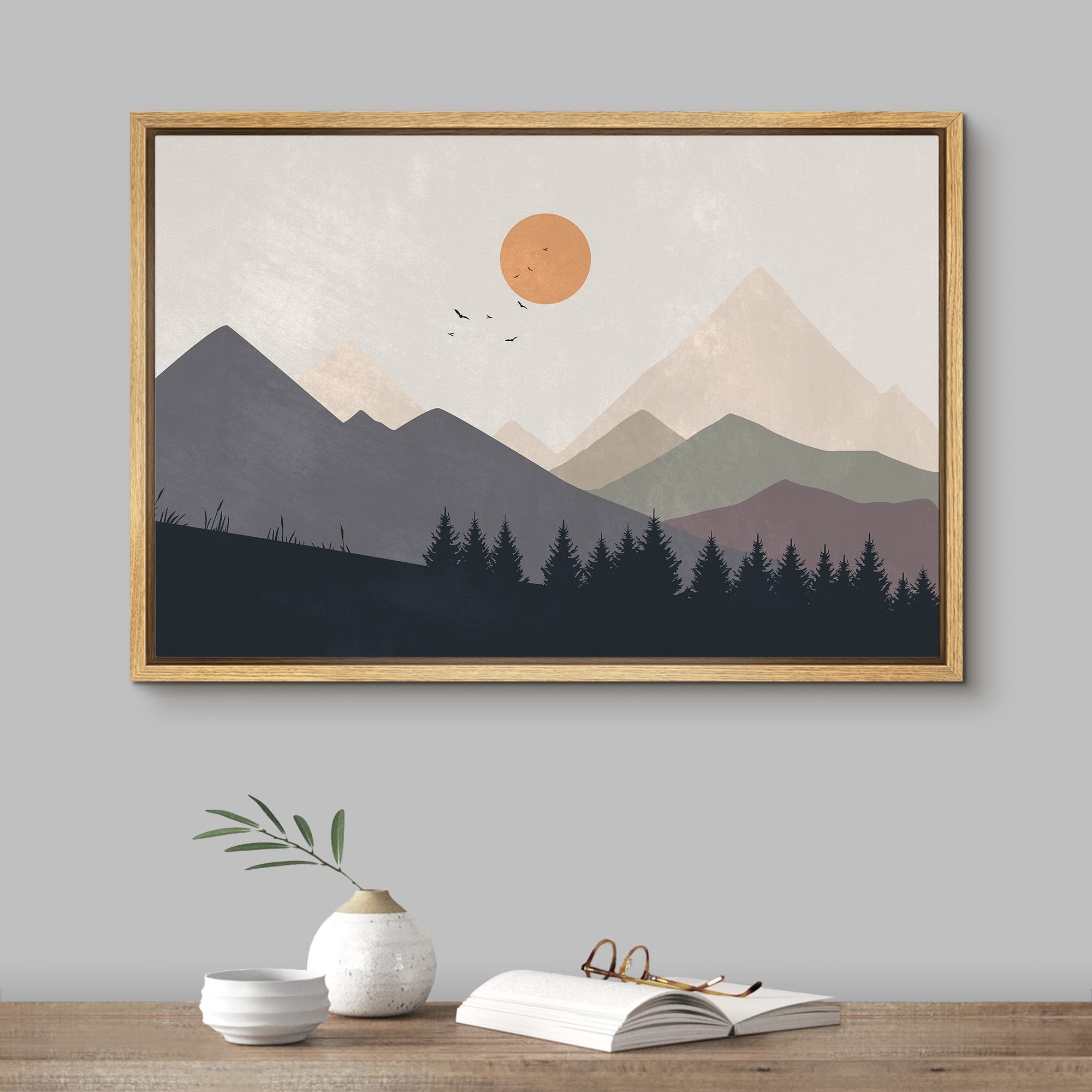 Signford Framed Canvas Print Wall Art Pastel Watercolor Mountain Ranges Nature Wilderness Illustrations Modern Art Decorative Bo