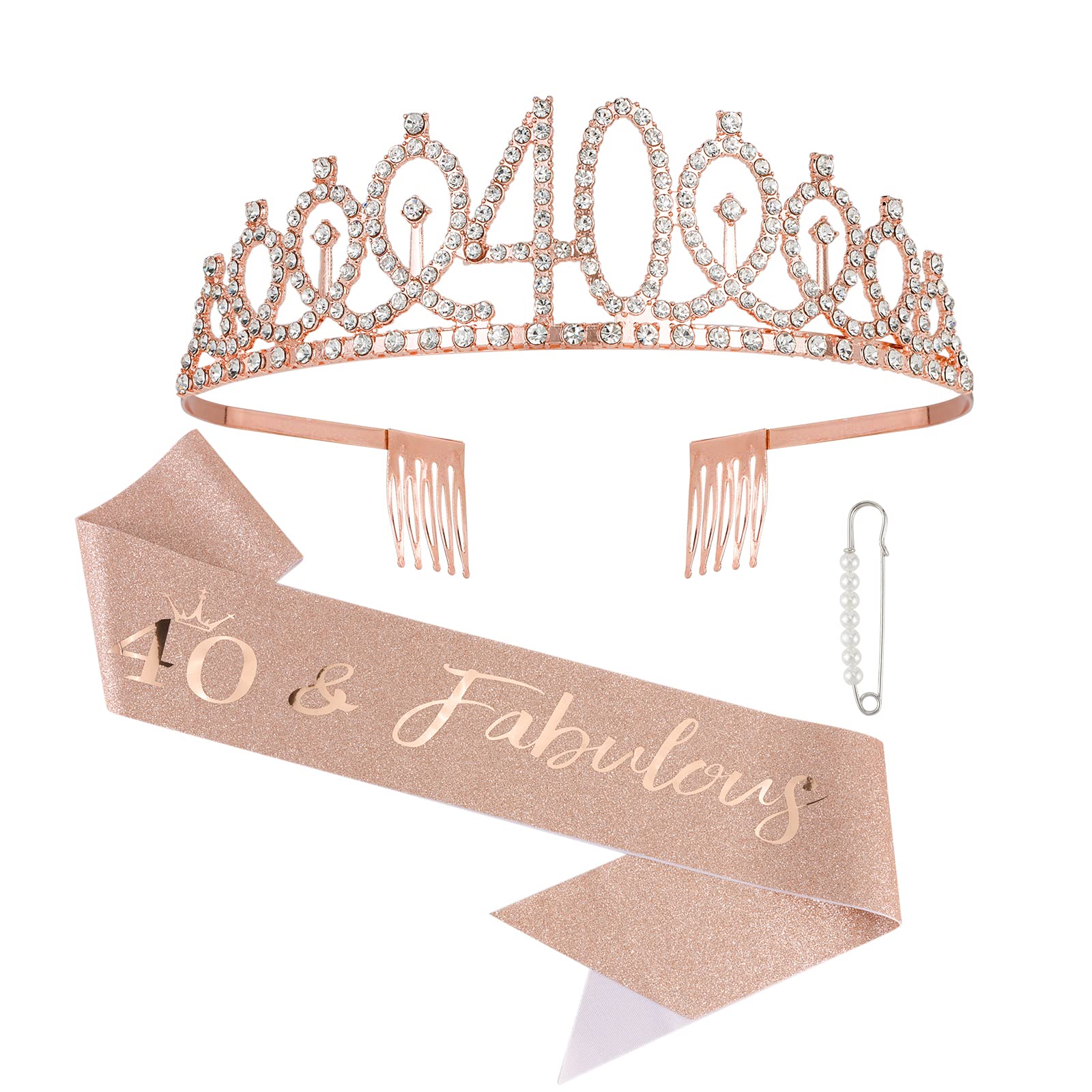 Semato 40Th Birthday Sash & Rhinestone Crown Kit- Happy 40Th Birthday Gifts Women 40Th Birthday Decorations Women (Rose Gold)