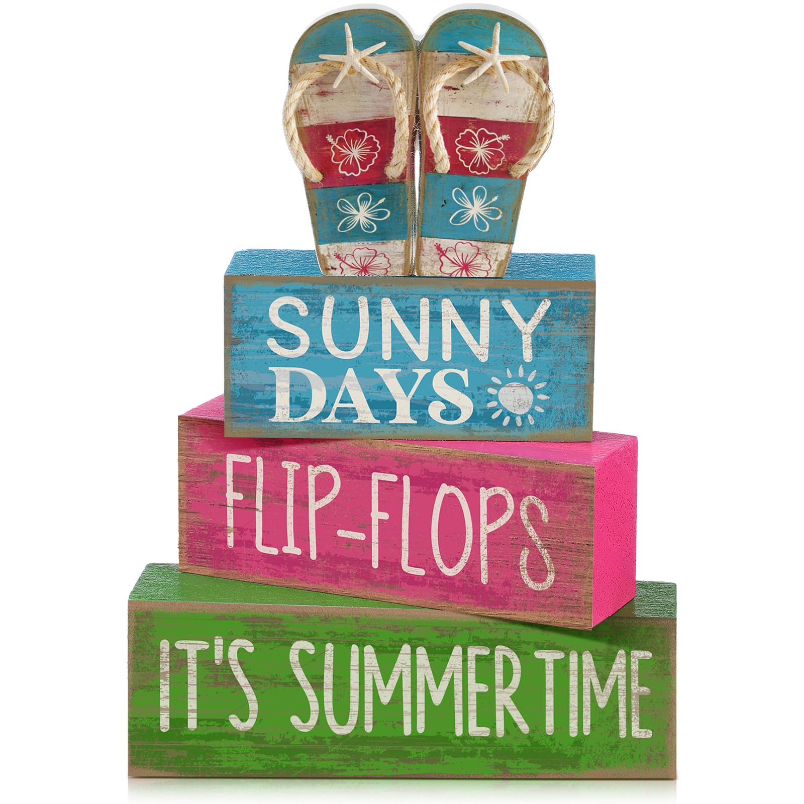 Lineshading 4 Pcs Summer Table Decorations Wooden Flip-flop Stacked Block Decor, Sunny Days Its Summertime Signs with Beach San
