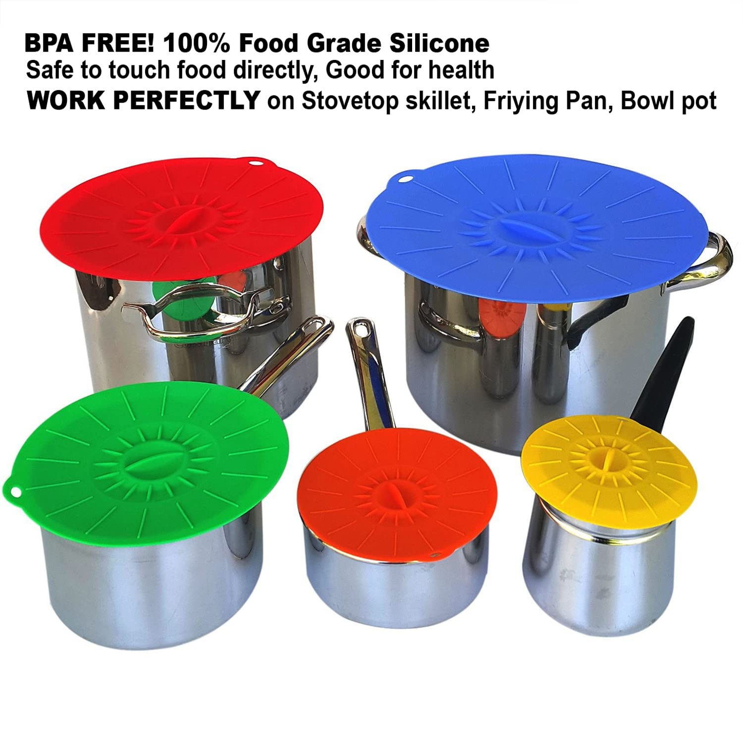 Set Of 5 Silicone Lids,Heat Resistant, Microwave Splatter Covers, Reusable Food Suction Lids For Cups, Bowls, Plates, Pots, Pans