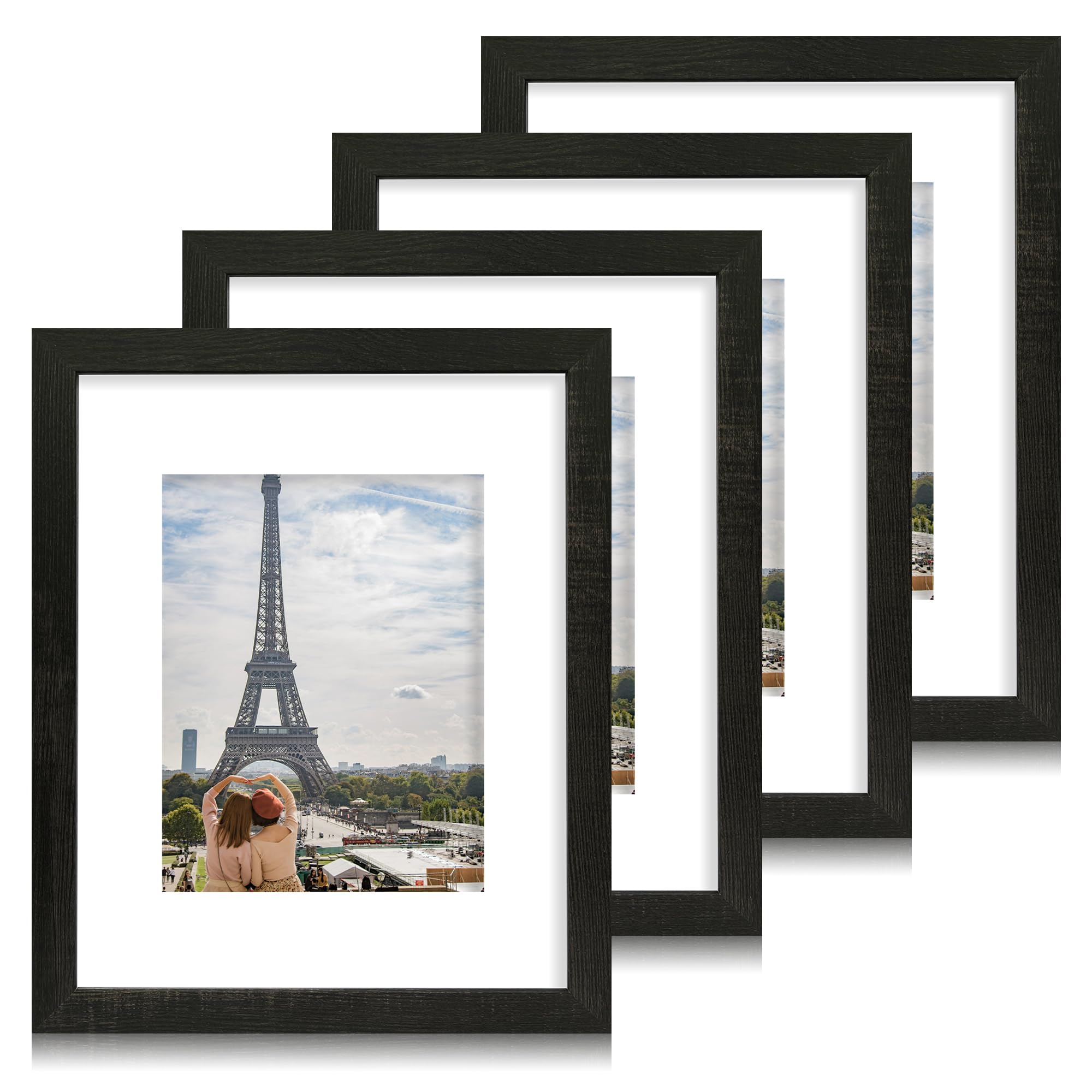 Hongkee 11x14 Picture Frame Set of 4, Made of Rustic Black Wooden Frame, Display 8x10 Pictures with Mat or 11 x 14 Posters witho