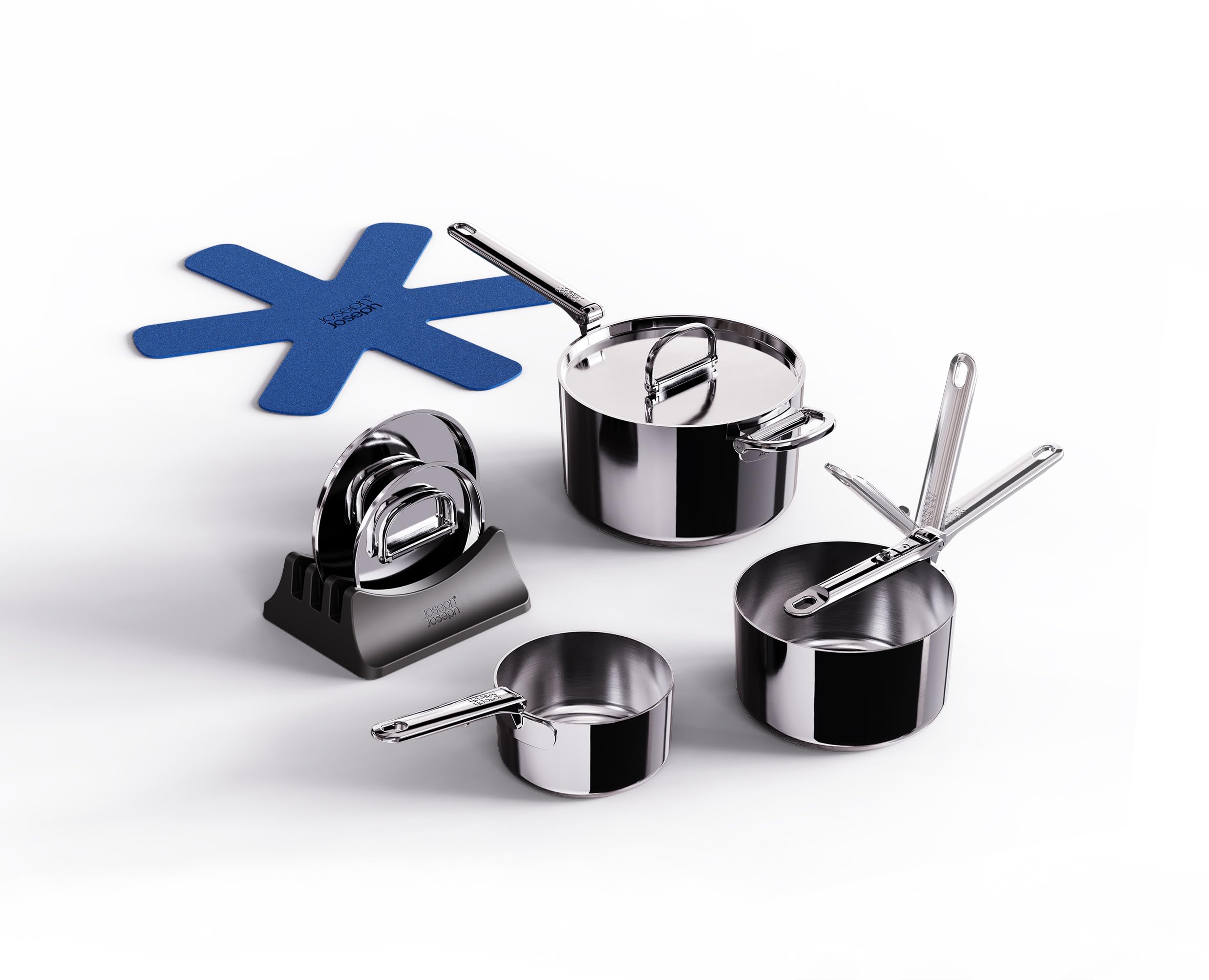 Joseph Joseph Space Steel 6Piece Stainless Steel Sauce Pan Set with Lids, Nesting with Folding Handles, Induction & Oven Safe
